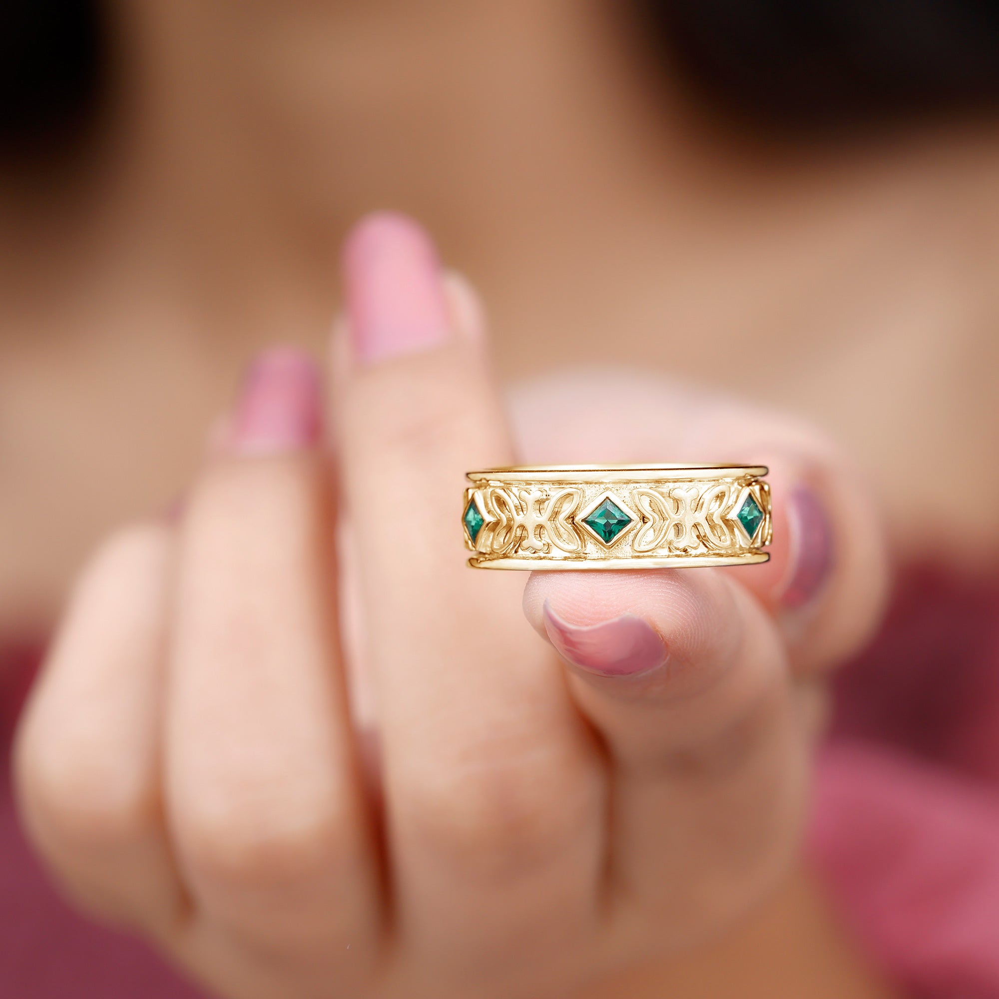Princess Cut Lab Created Emerald Vintage Inspired Wedding Band AAAA - Rosec Jewels