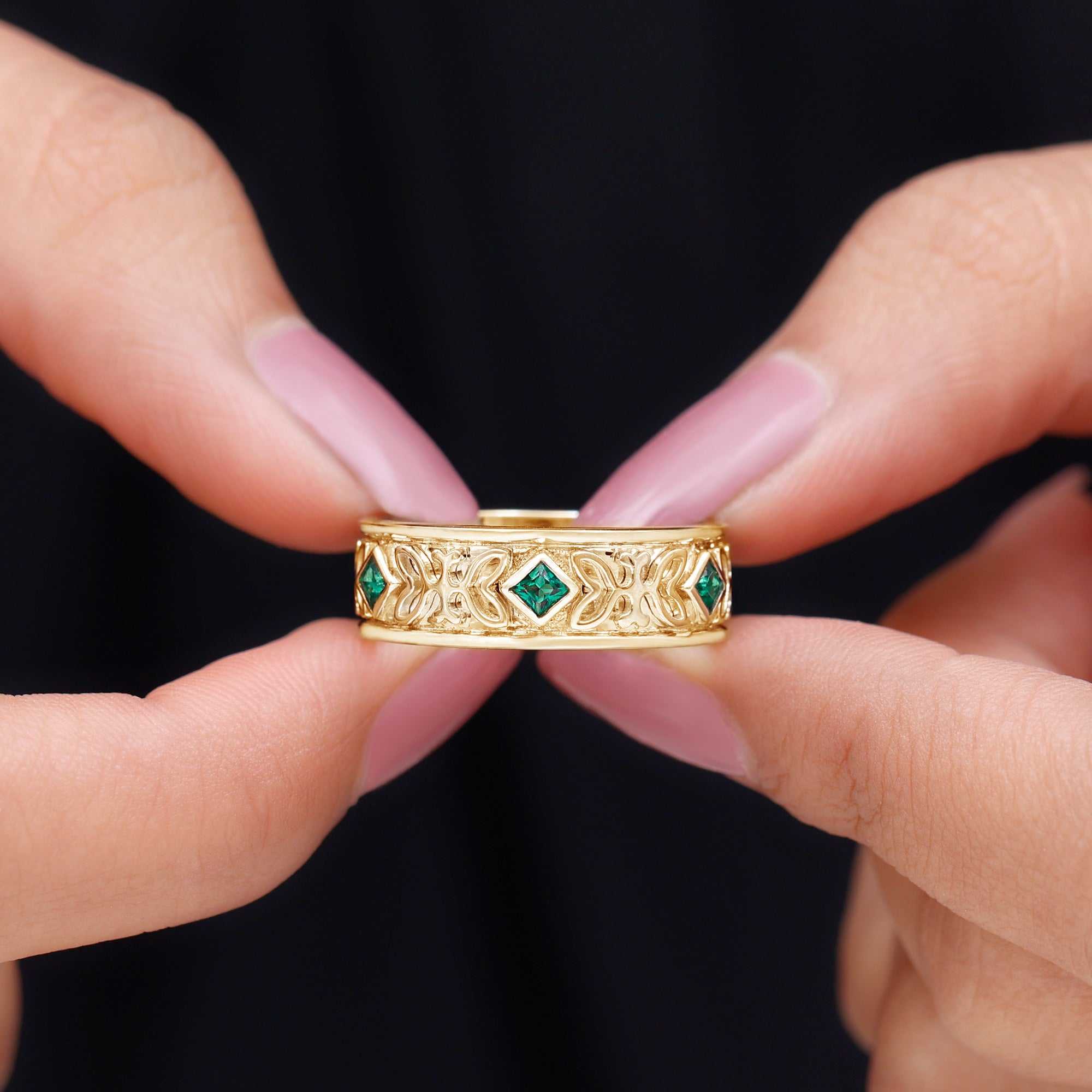 Princess Cut Lab Created Emerald Vintage Inspired Wedding Band AAAA - Rosec Jewels