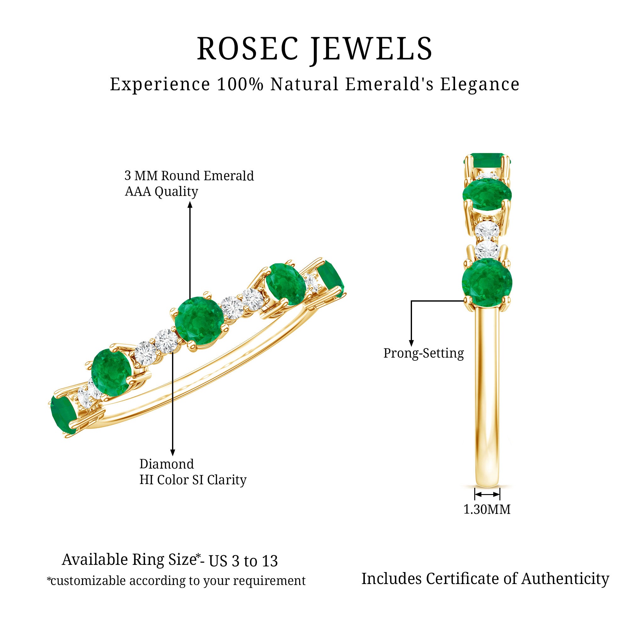 Real Emerald and Diamond Half Eternity Wedding Band Ring AAA - Rosec Jewels