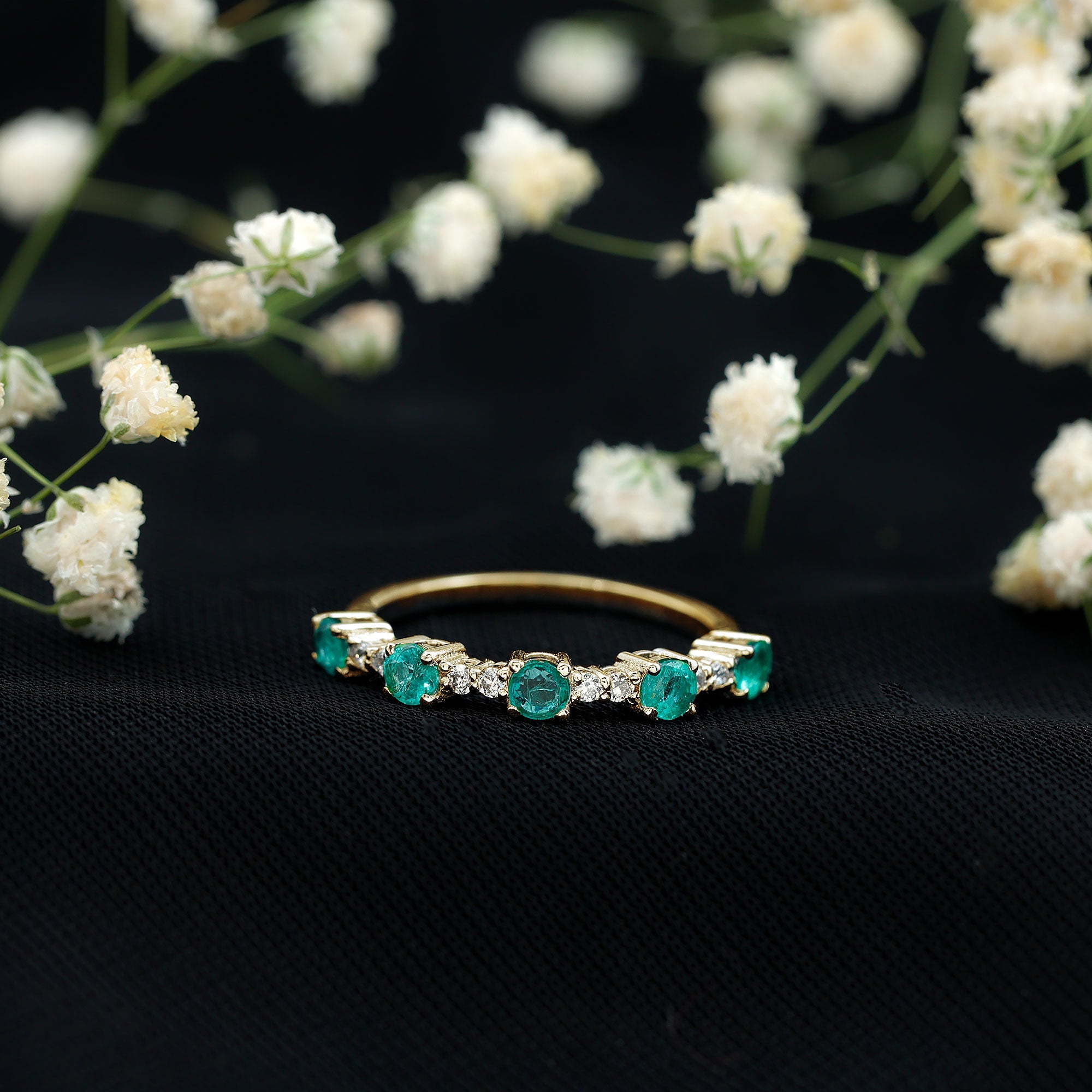 Real Emerald and Diamond Half Eternity Wedding Band Ring AAA - Rosec Jewels