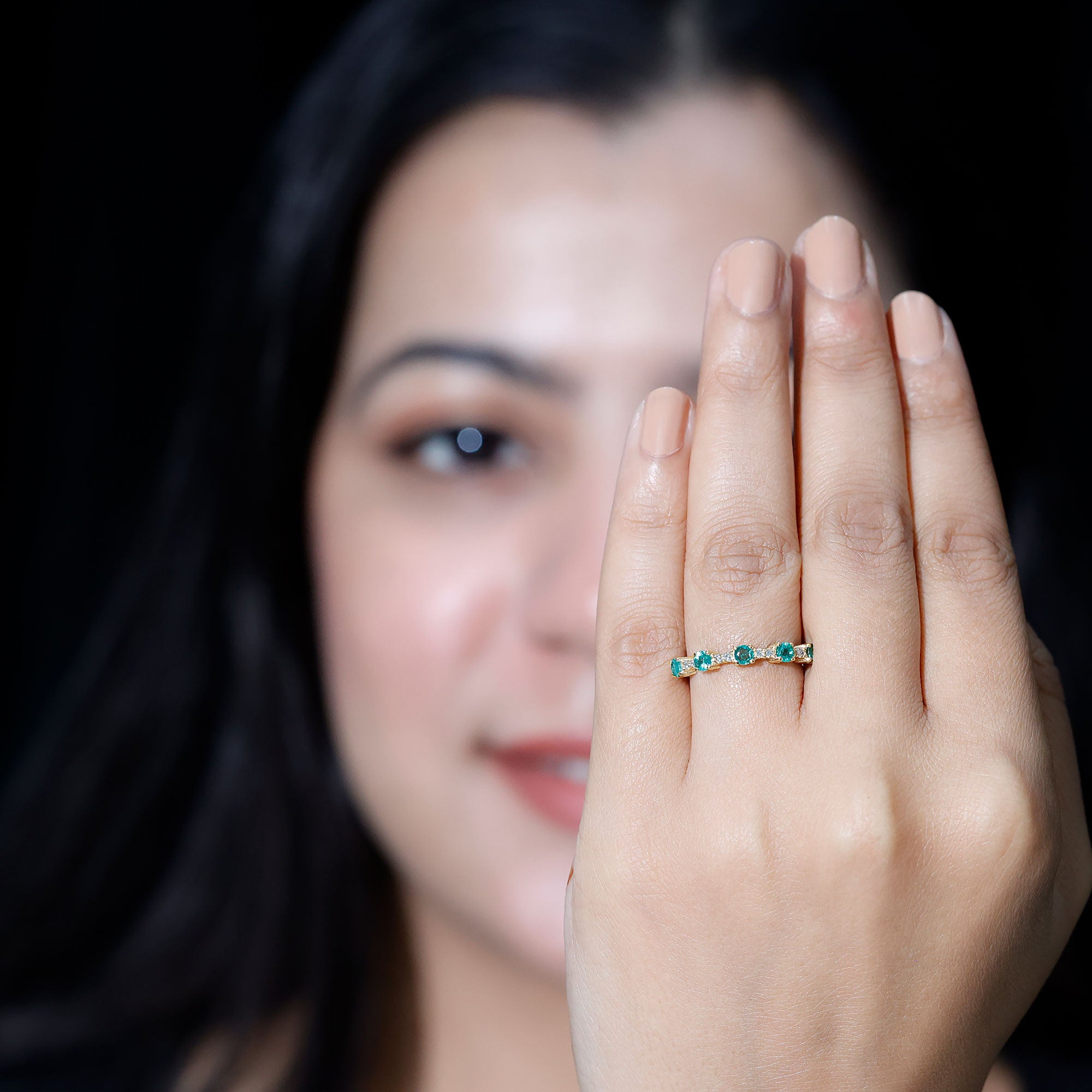Real Emerald and Diamond Half Eternity Wedding Band Ring AAA - Rosec Jewels