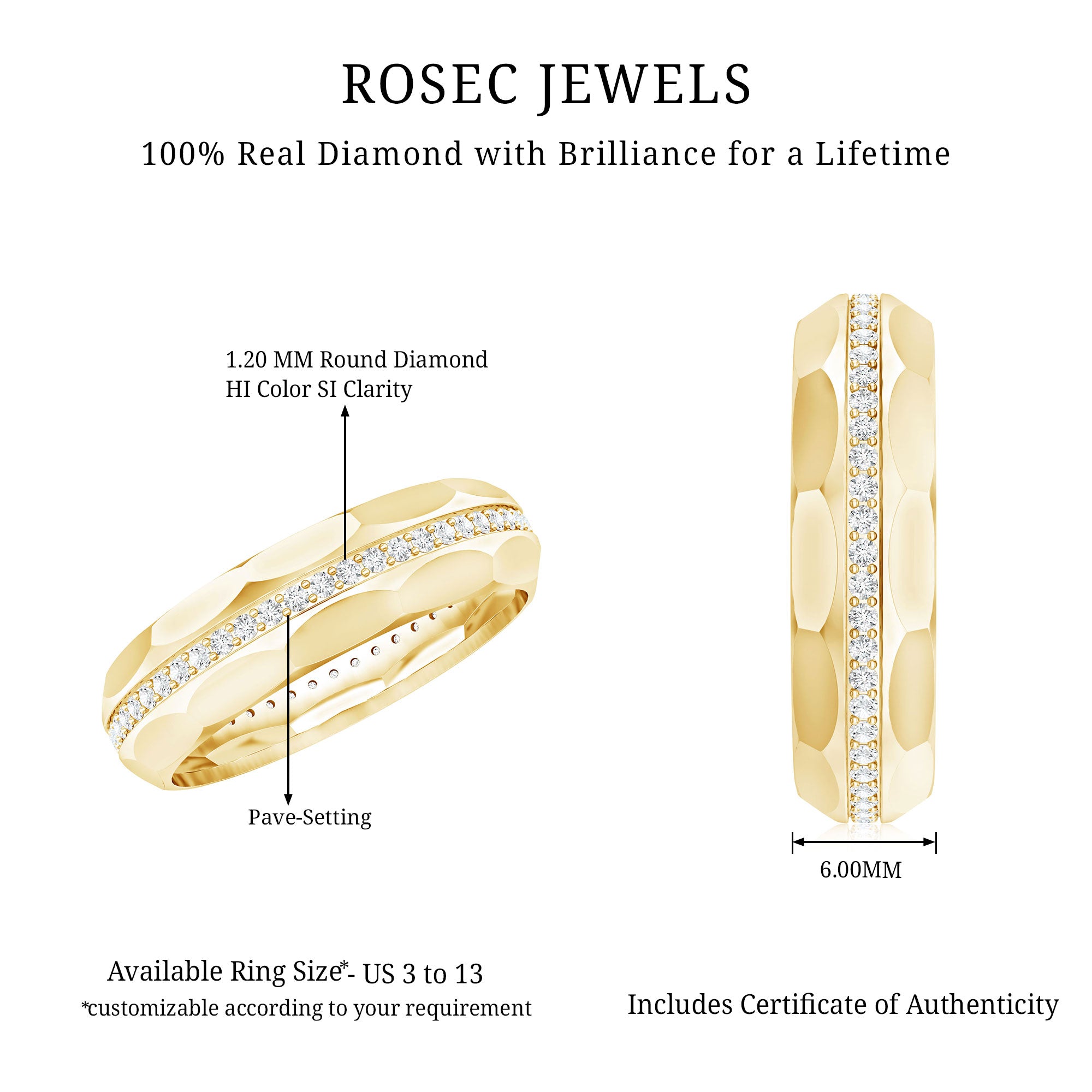 Natural Diamond Wide Eternity Band Ring with Textured Natural - ( HI-SI ) - Rosec Jewels