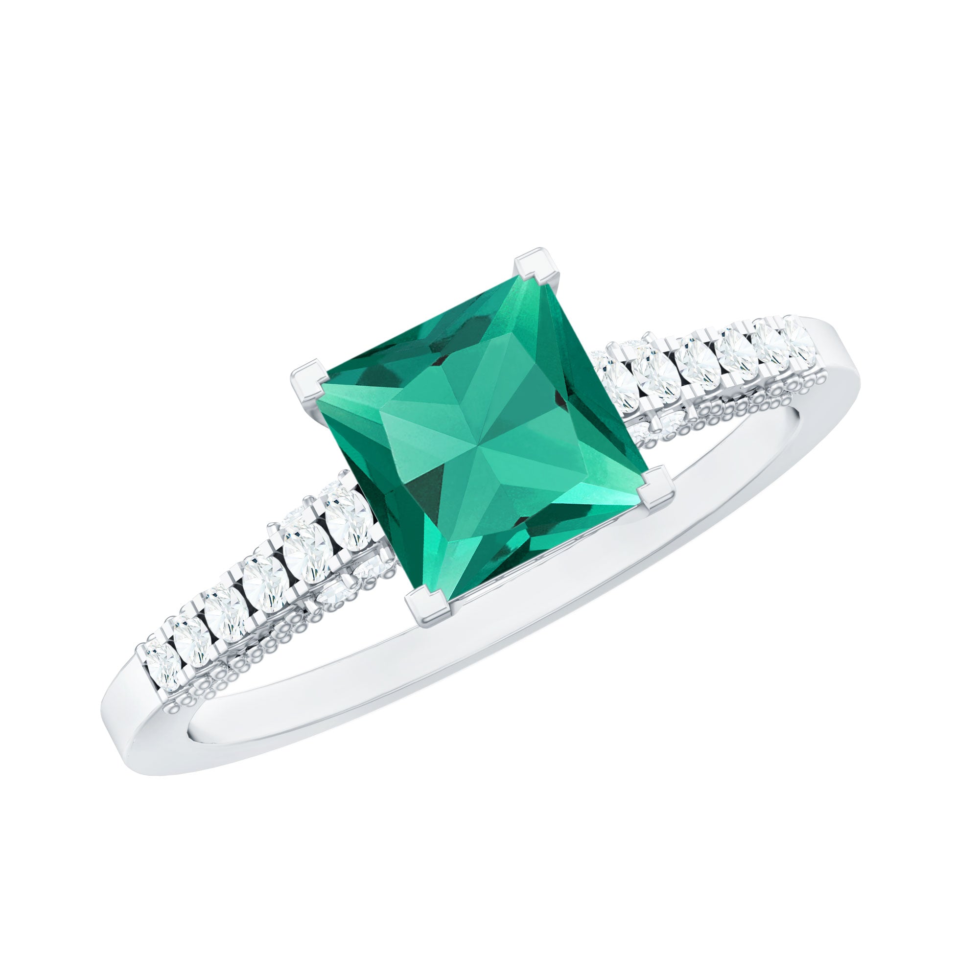 Princess Cut Lab Created Emerald Solitaire Ring with Diamond Side Stones