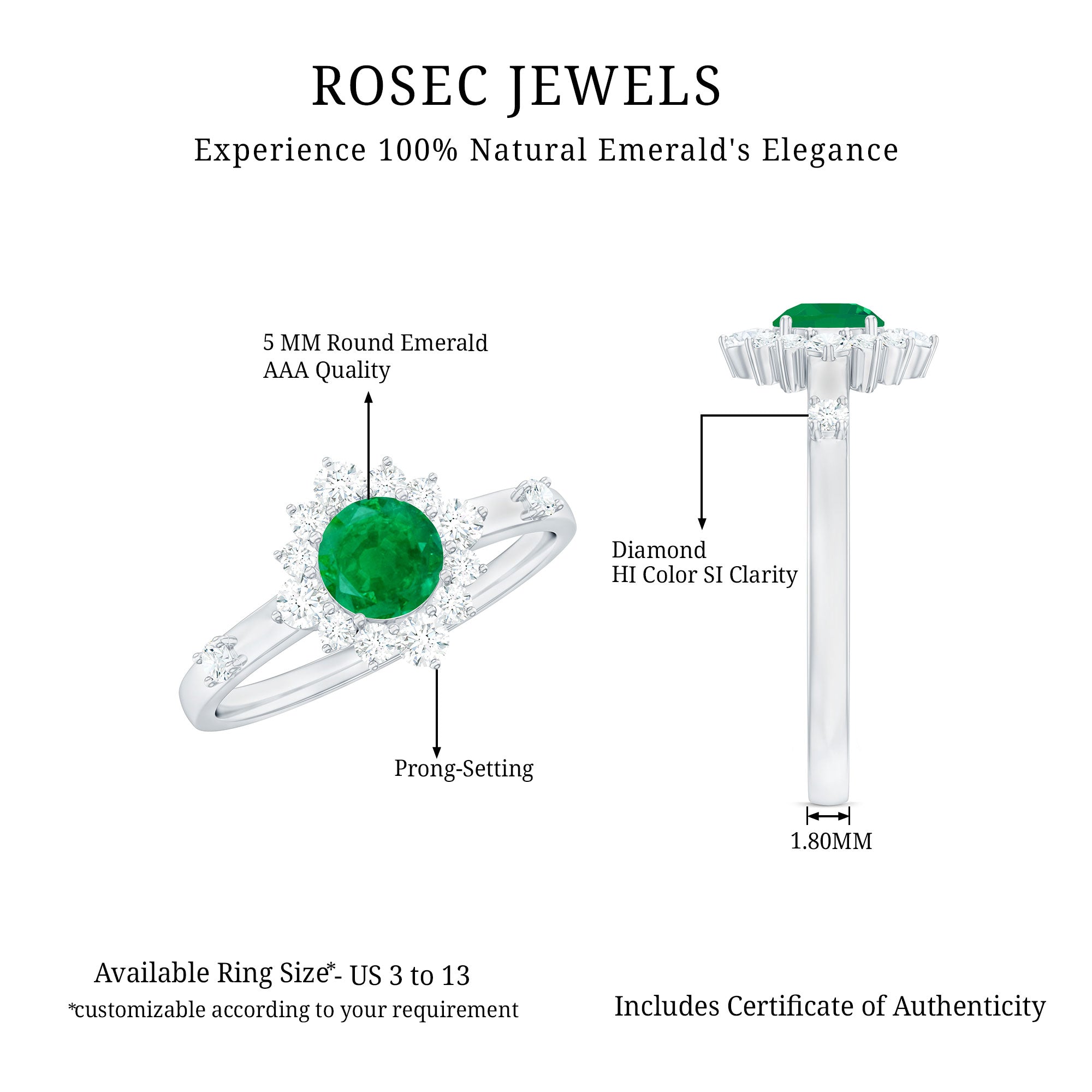 5mm Round Shape Emerald Promise Ring with Diamond Halo AAA - Rosec Jewels
