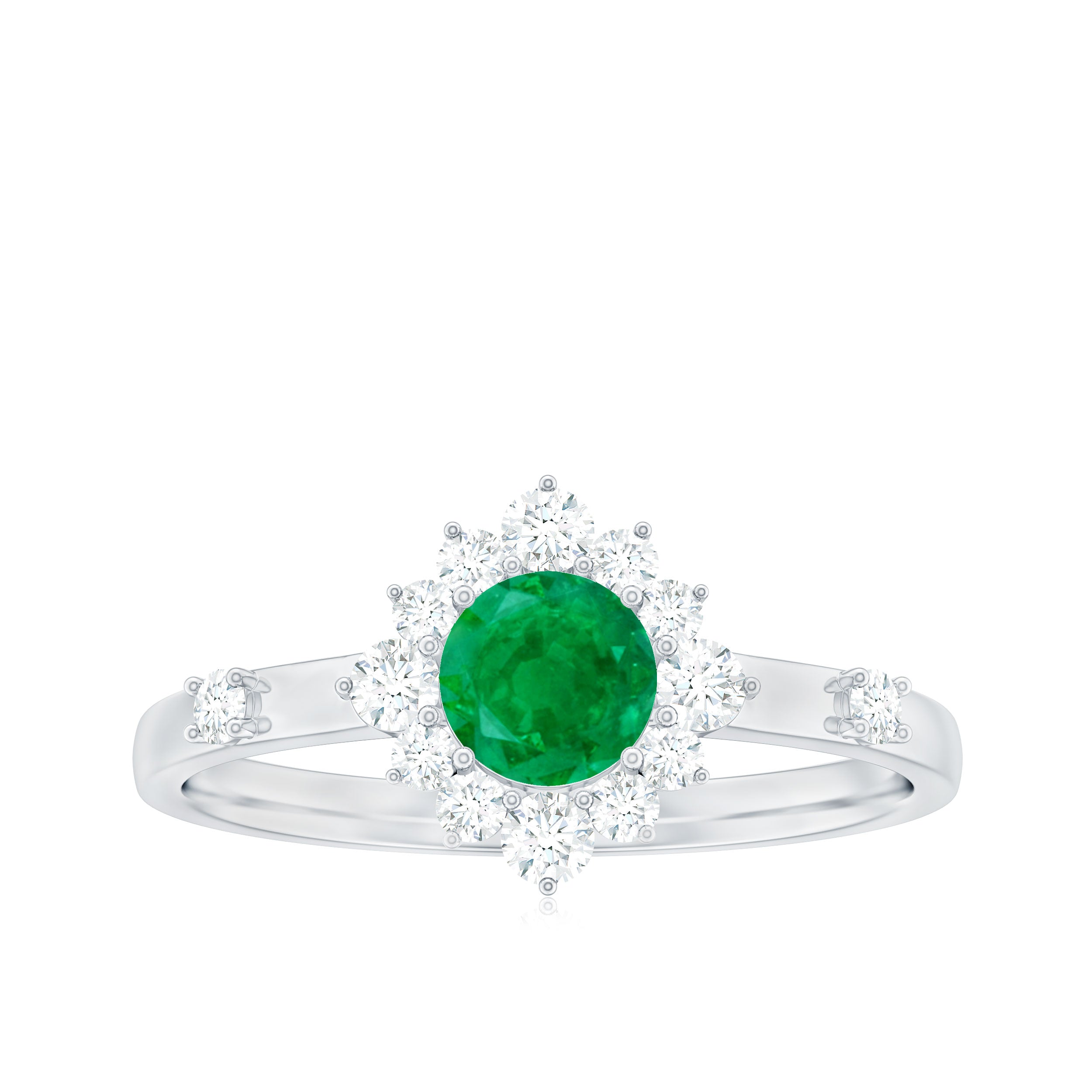 5mm Round Shape Emerald Promise Ring with Diamond Halo AAA - Rosec Jewels