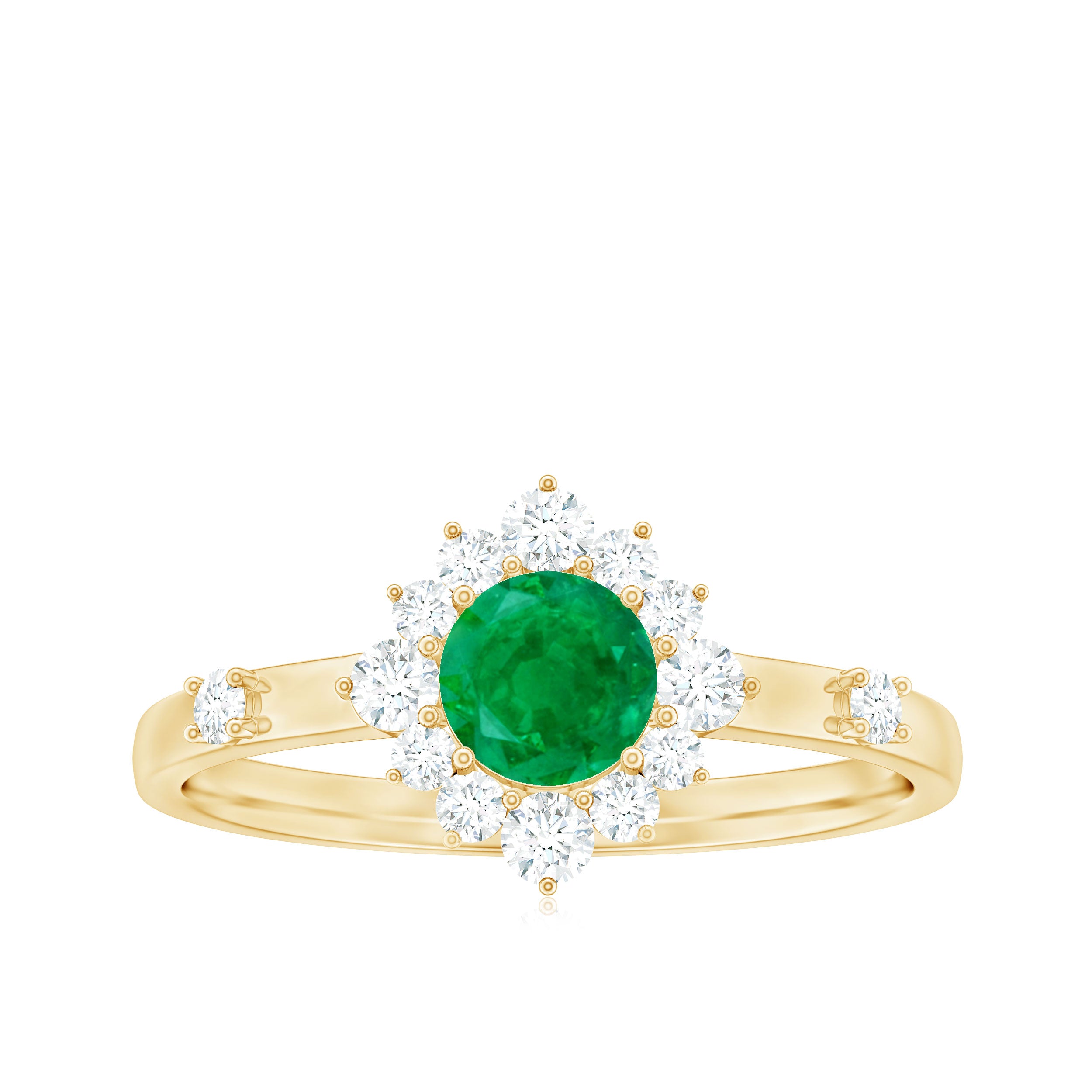 5mm Round Shape Emerald Promise Ring with Diamond Halo AAA - Rosec Jewels