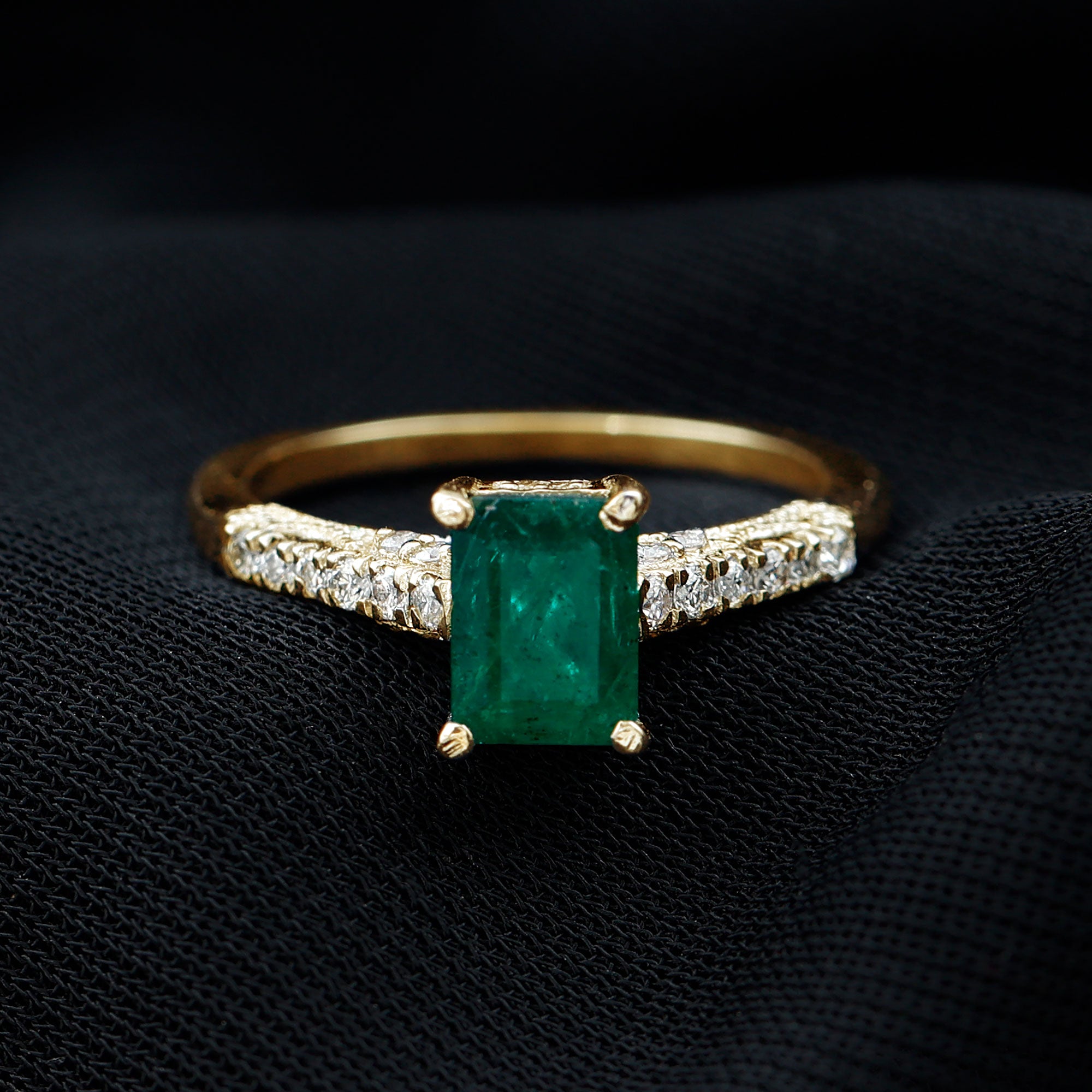 Rosec Jewels-Vintage Inspired 5X7MM Emerald Cut Emerald Engagement Ring with Diamonds