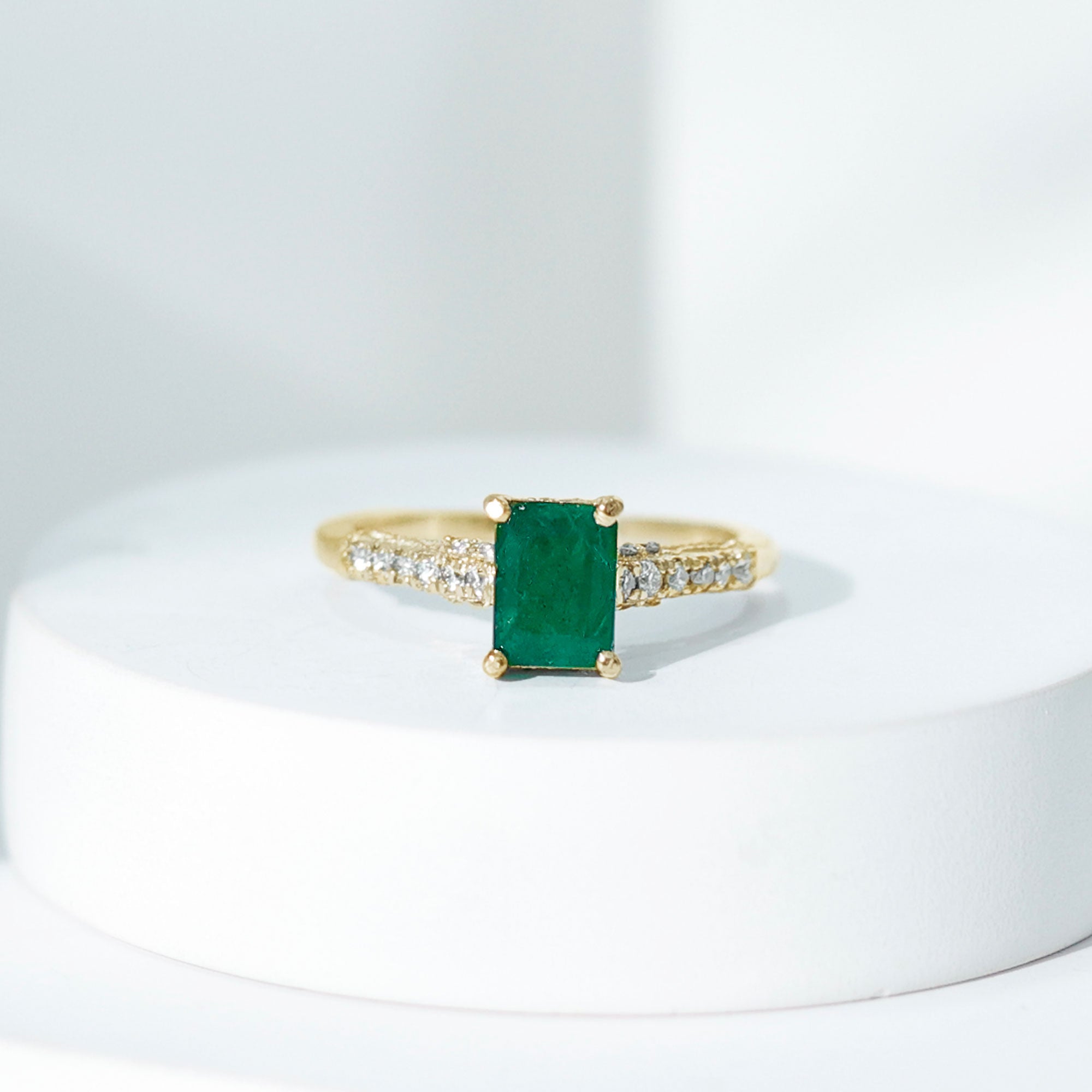 Rosec Jewels-Vintage Inspired 5X7MM Emerald Cut Emerald Engagement Ring with Diamonds