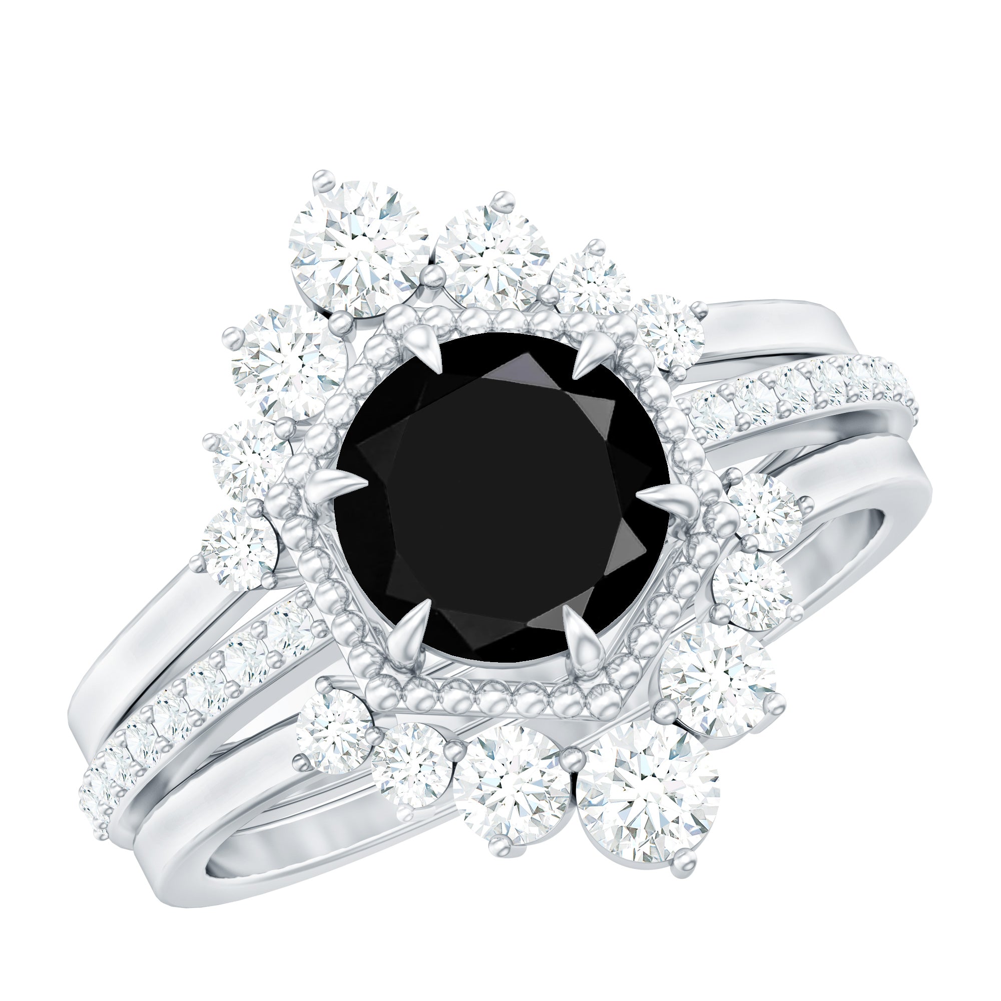 Vintage Style Black Spinel 3 Piece Ring Set with Moissanite