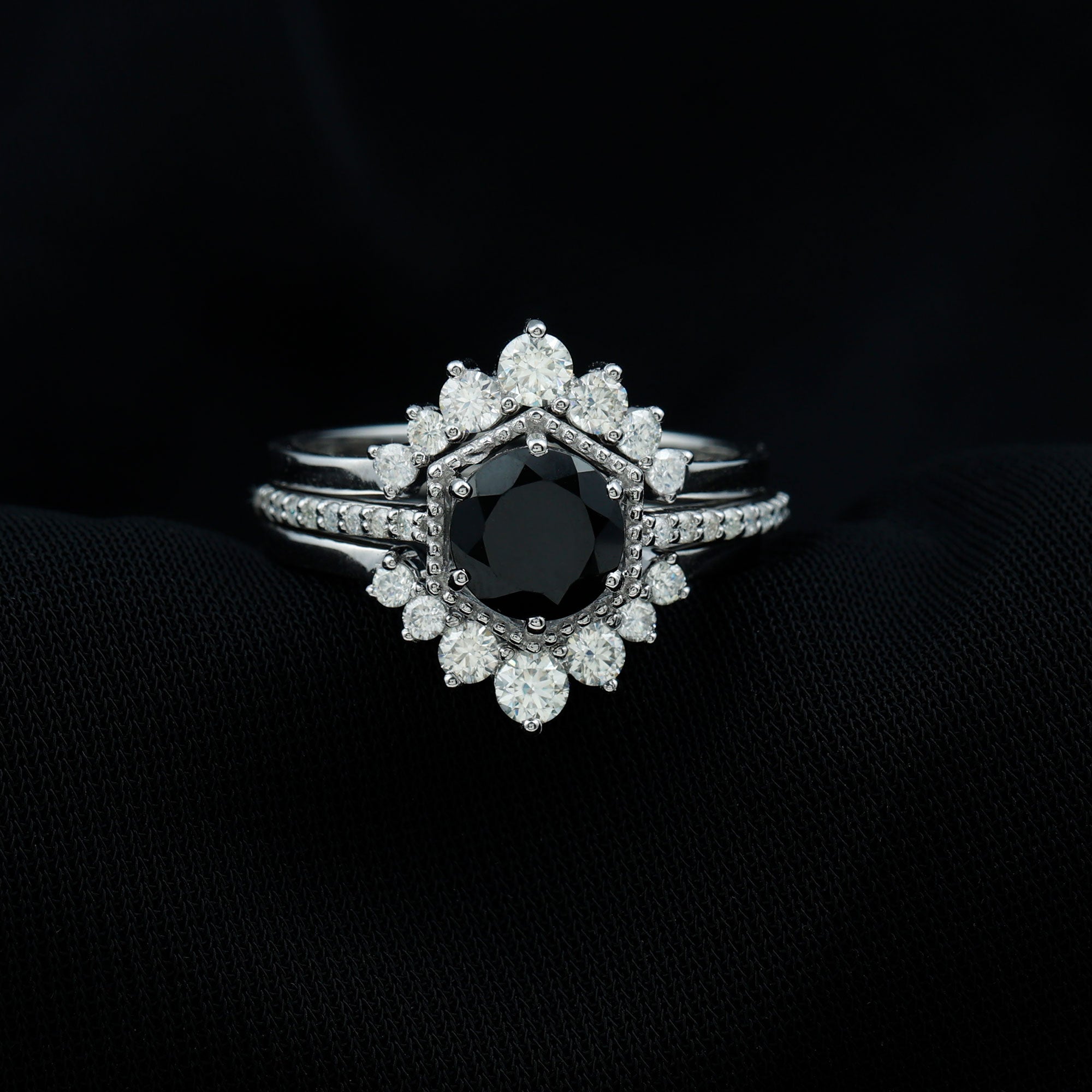 2.6 Carat Vintage Style Black Spinel 3 Piece Ring Set with Moissanite AAA - Rosec Jewels