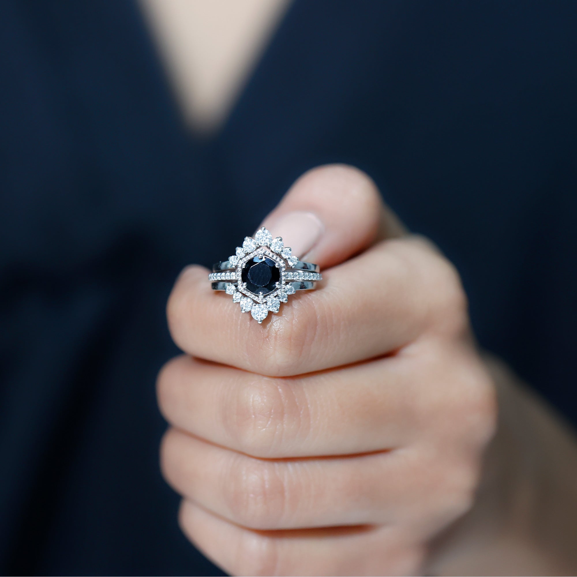 2.6 Carat Vintage Style Black Spinel 3 Piece Ring Set with Moissanite AAA - Rosec Jewels