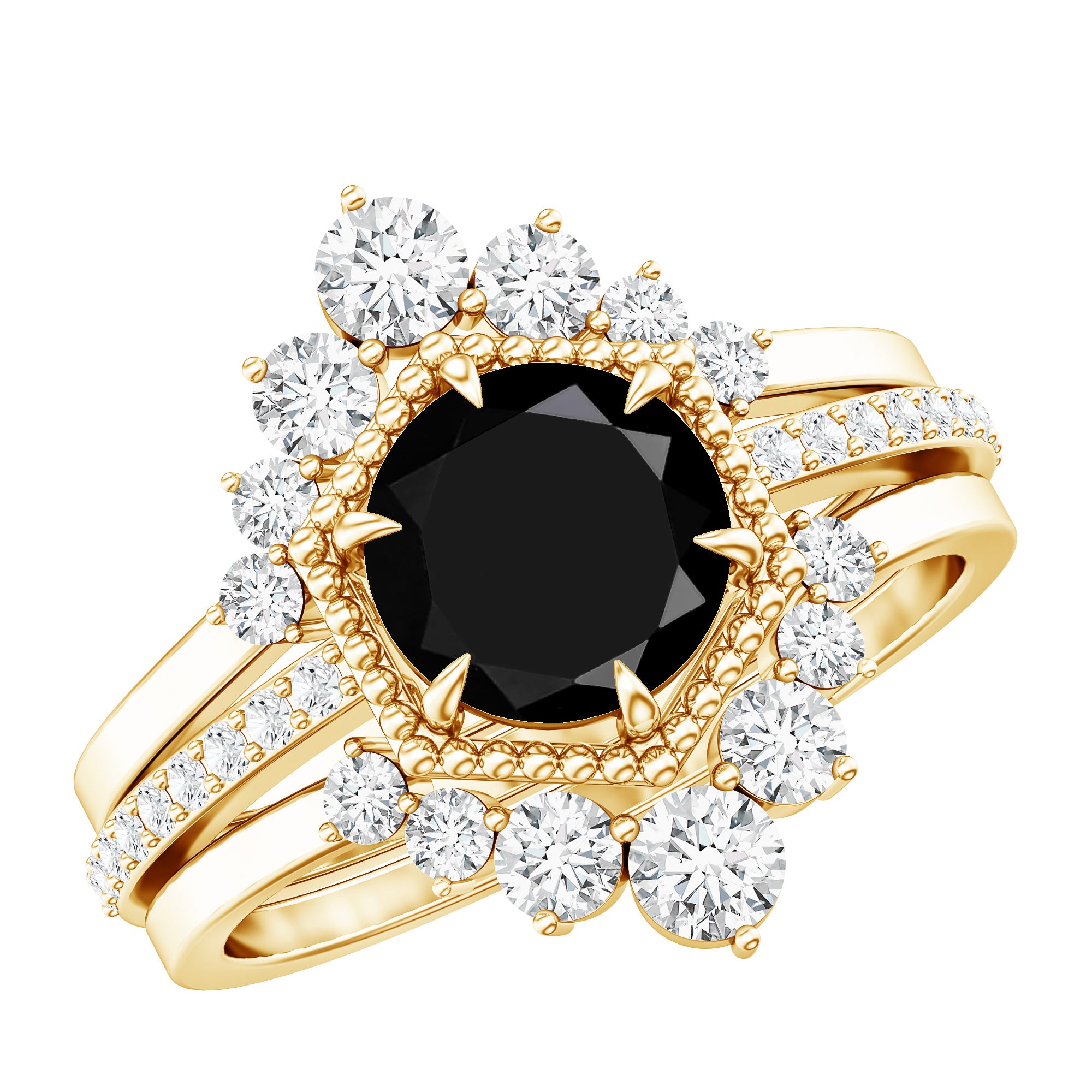 2.6 Carat Vintage Style Black Spinel 3 Piece Ring Set with Moissanite AAA - Rosec Jewels