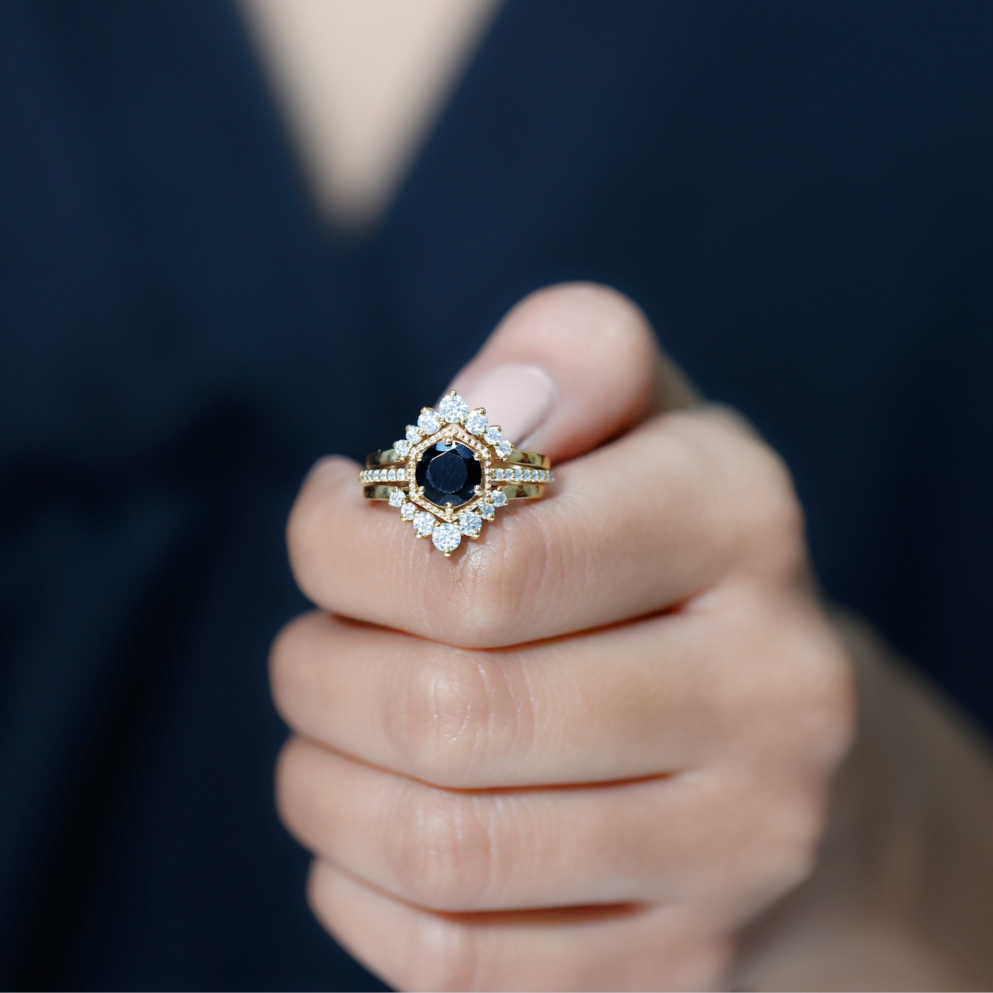 2.6 Carat Vintage Style Black Spinel 3 Piece Ring Set with Moissanite AAA - Rosec Jewels