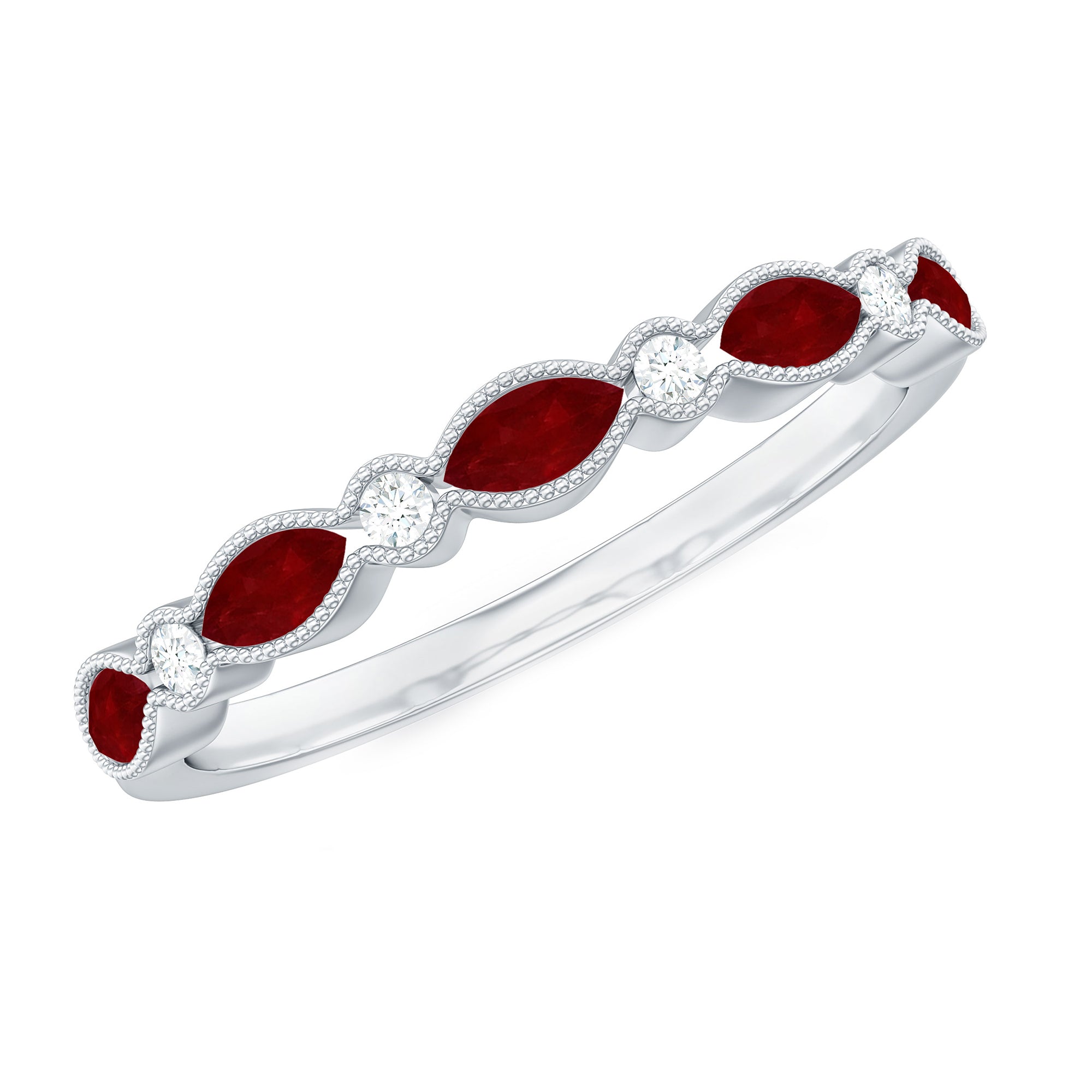 Certified Marquise Ruby Half Eternity Ring with Lab Diamond AAA - Rosec Jewels