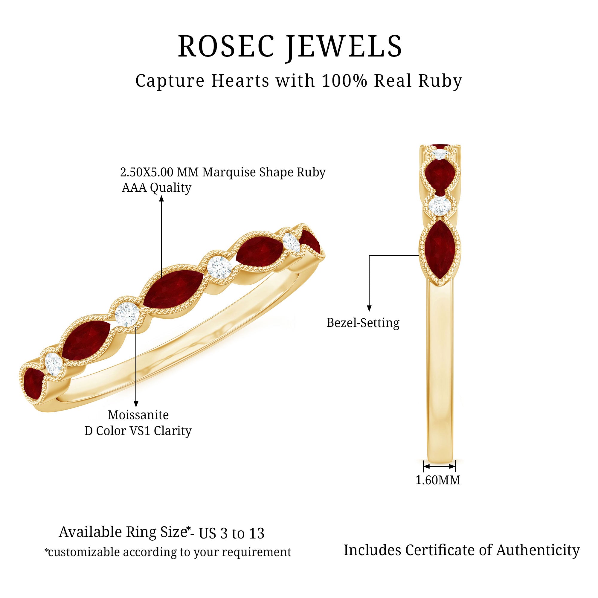 Certified Marquise Ruby Half Eternity Ring with Lab Diamond AAA - Rosec Jewels