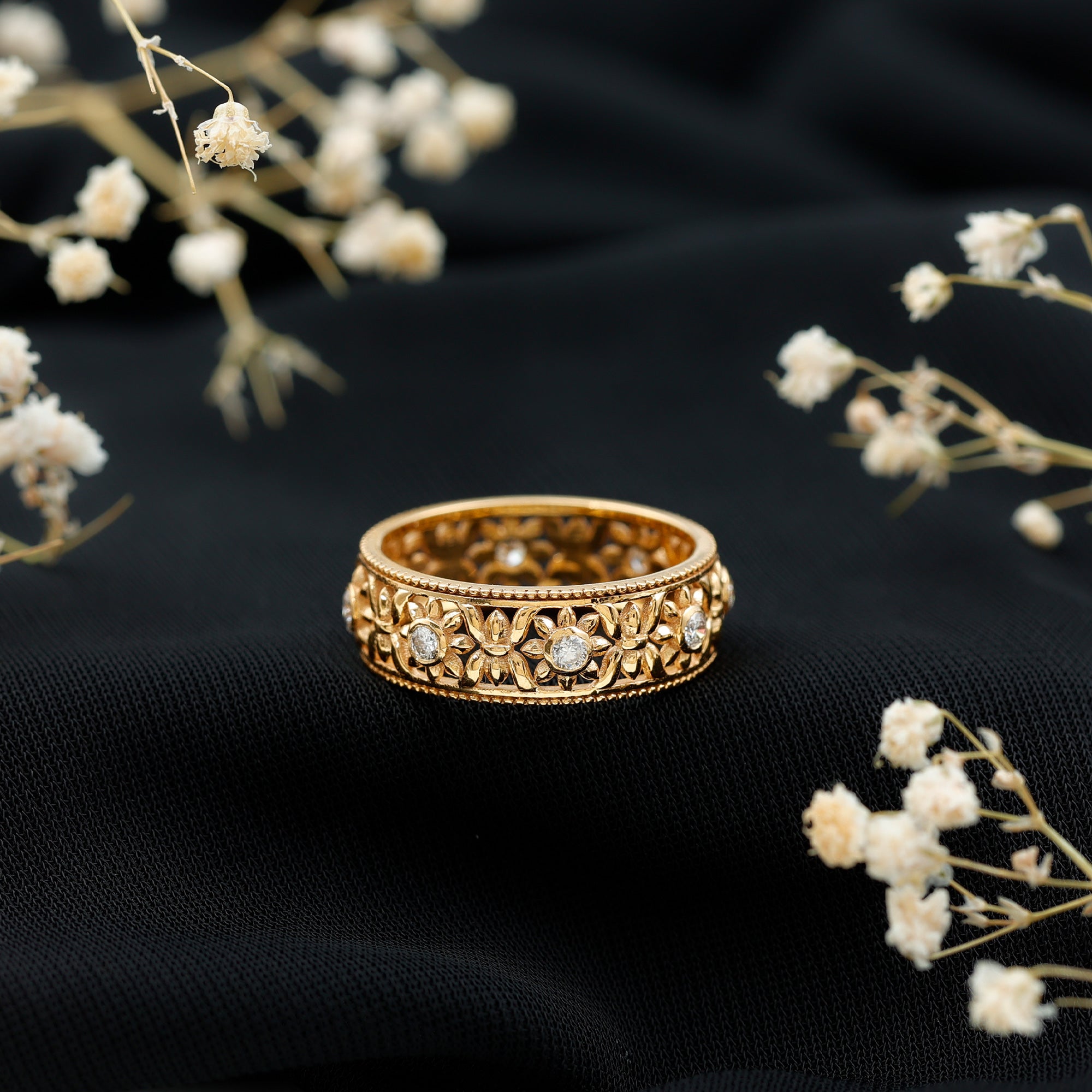 Bezel Set Diamond Flower Filigree Wedding Band Natural - ( HI-SI ) - Rosec Jewels