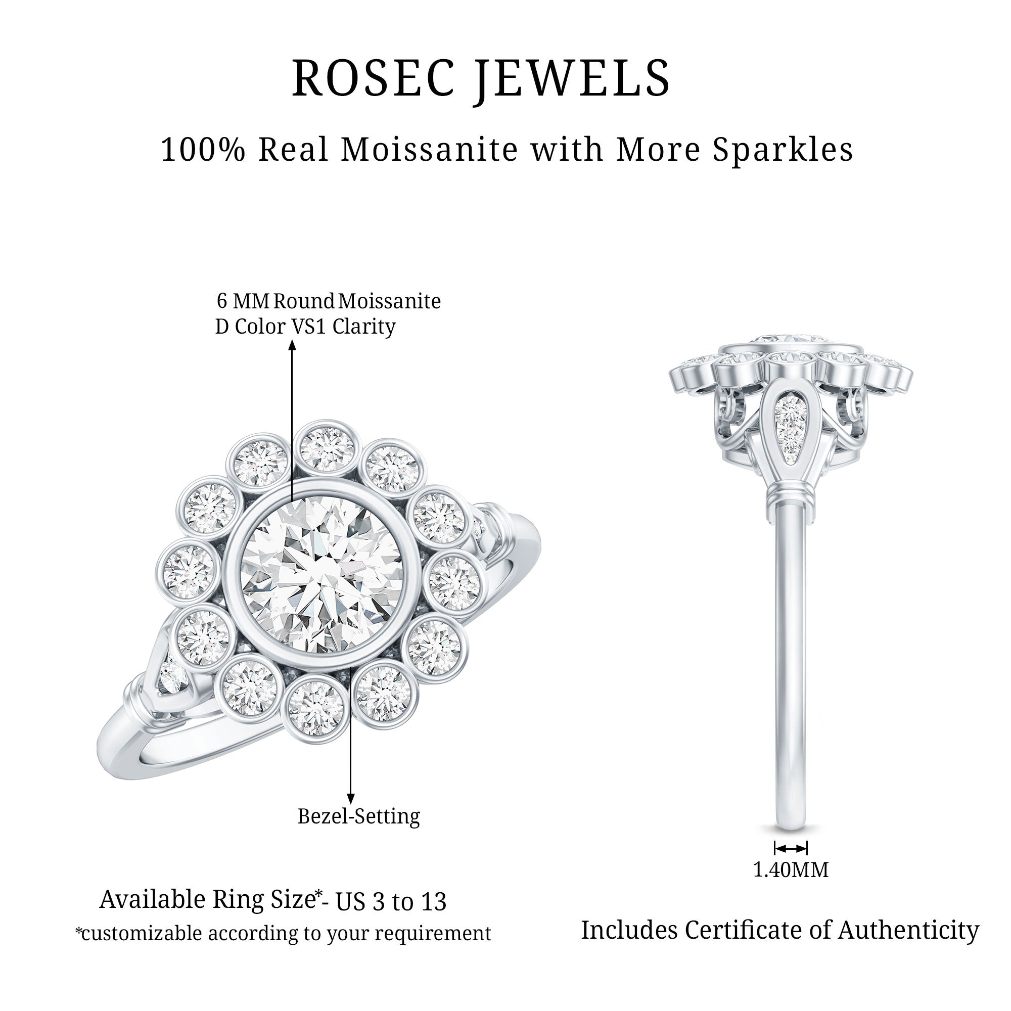 Certified Moissanite Bezel Set Engagement Ring D-VS1 - Rosec Jewels