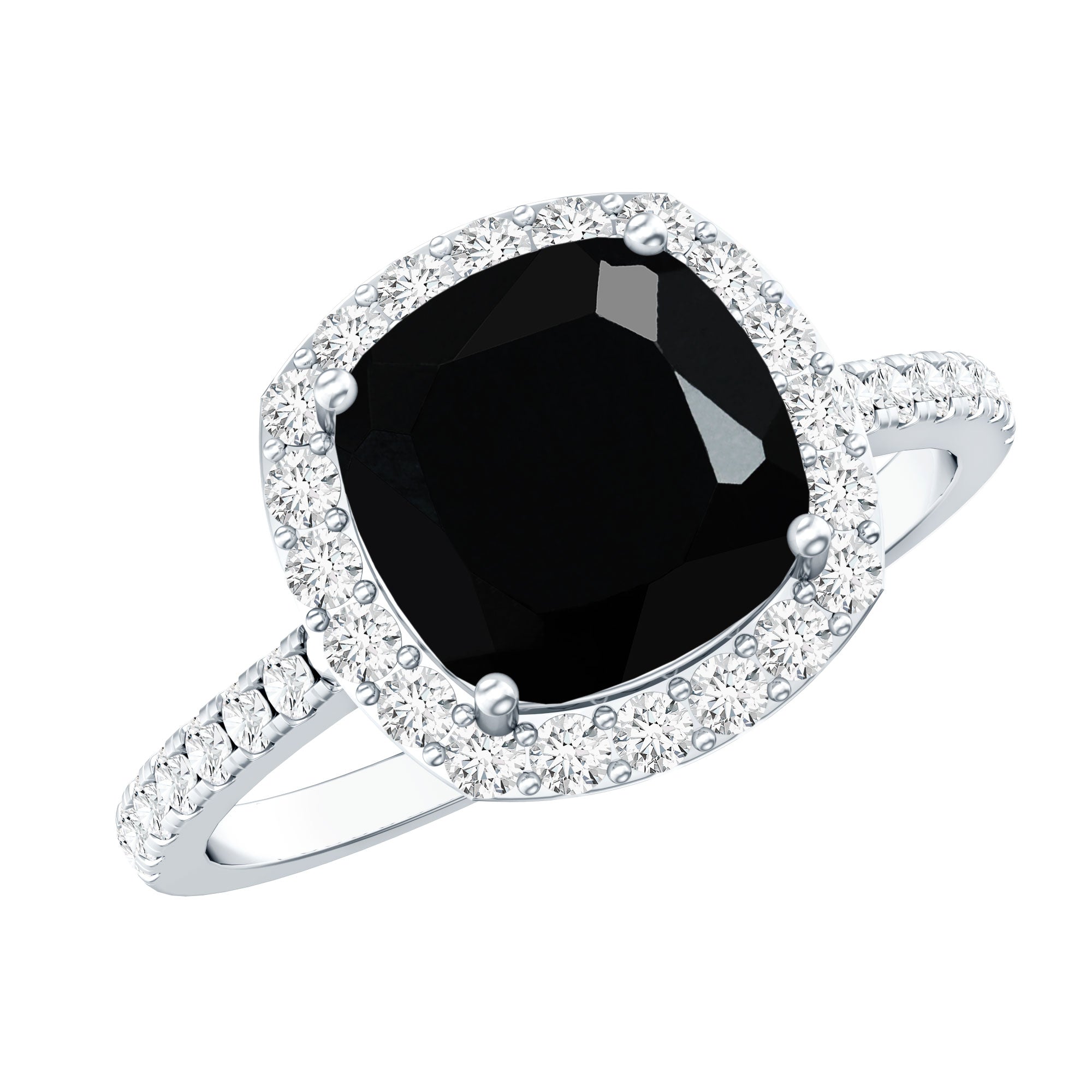 2.8 Carat Lab Grown Black Diamond Cushion Cut Engagement Ring with White Diamond Halo AAAA ( Synthetic ) - Rosec Jewels