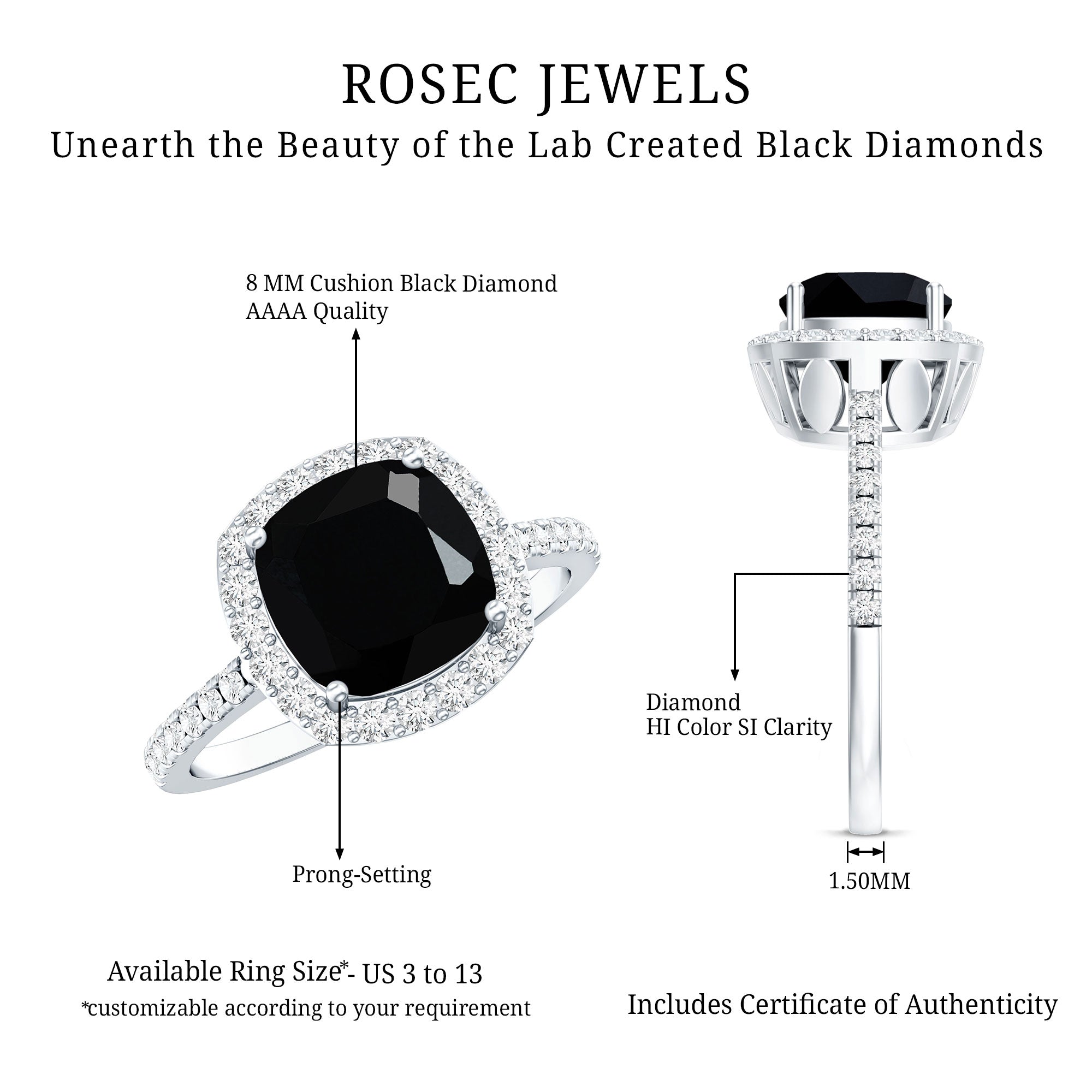 2.8 Carat Lab Grown Black Diamond Cushion Cut Engagement Ring with White Diamond Halo AAAA ( Synthetic ) - Rosec Jewels