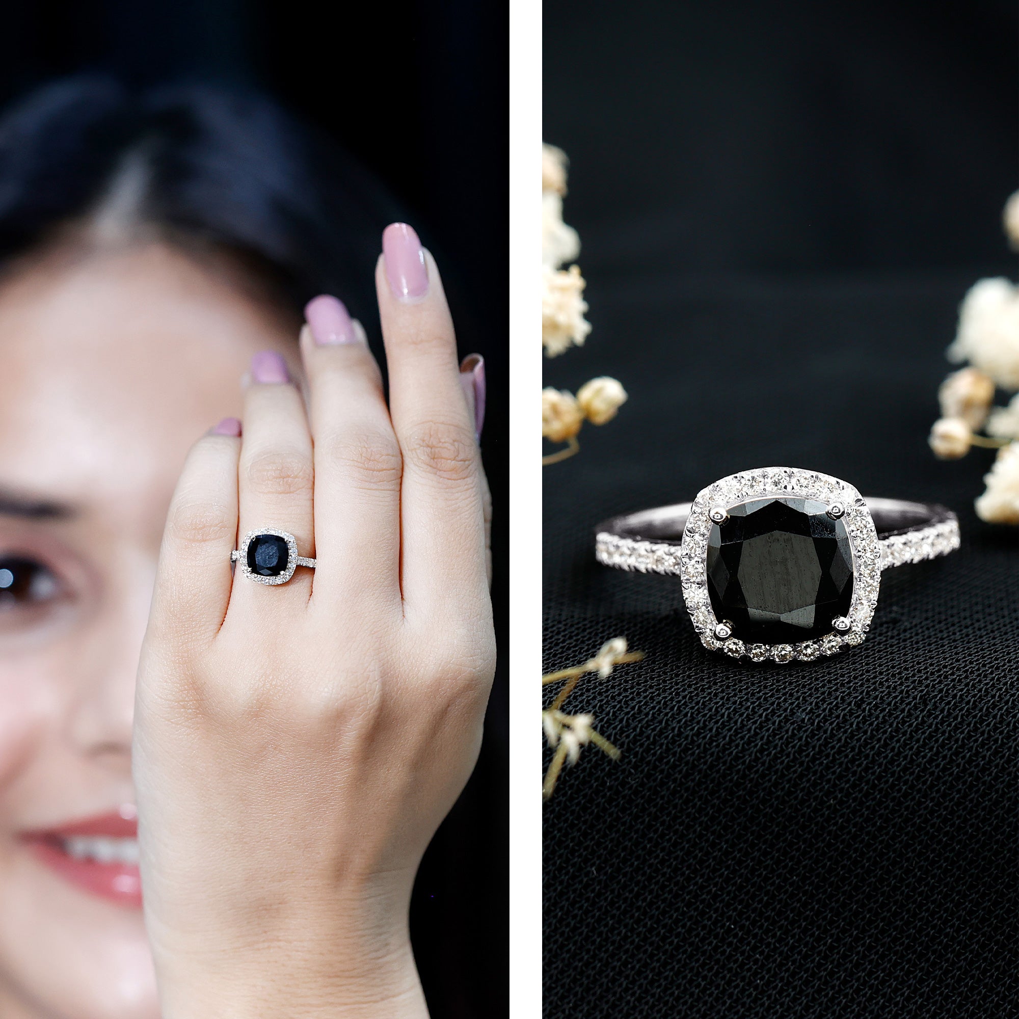 2.8 Carat Lab Grown Black Diamond Cushion Cut Engagement Ring with White Diamond Halo AAAA ( Synthetic ) - Rosec Jewels