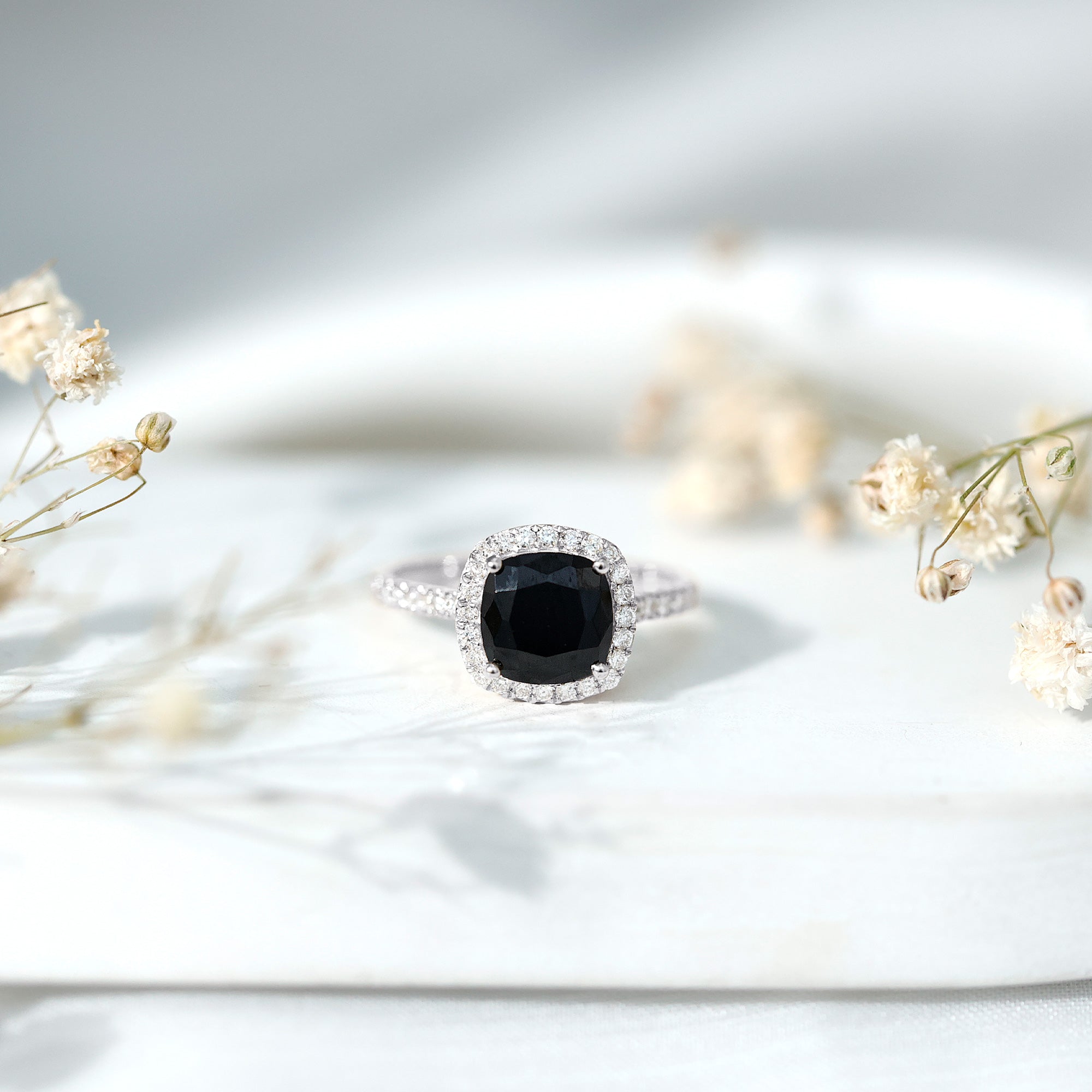2.8 Carat Lab Grown Black Diamond Cushion Cut Engagement Ring with White Diamond Halo AAAA ( Synthetic ) - Rosec Jewels
