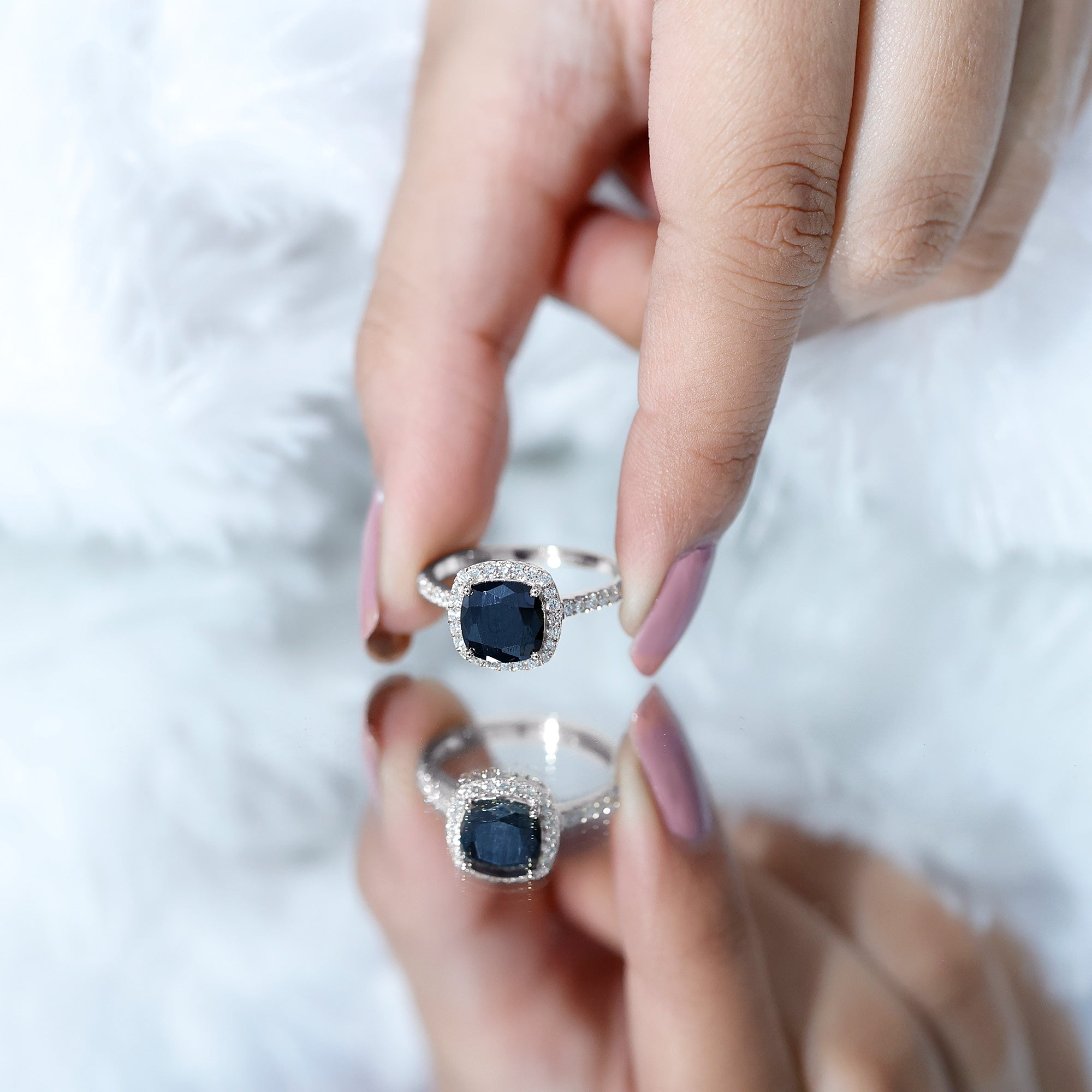 2.8 Carat Lab Grown Black Diamond Cushion Cut Engagement Ring with White Diamond Halo AAAA ( Synthetic ) - Rosec Jewels