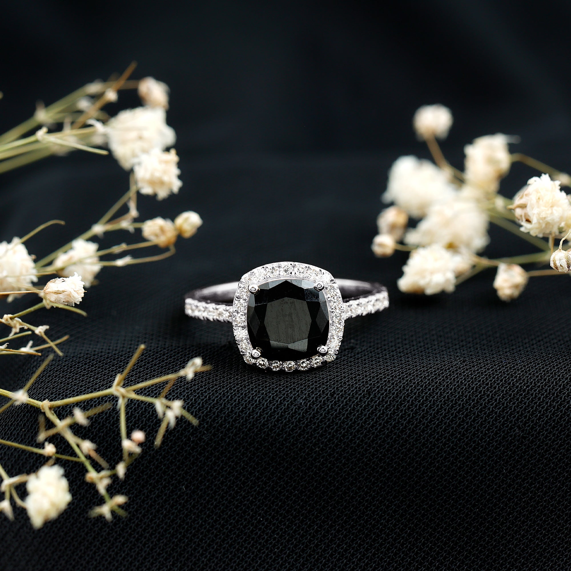 2.8 Carat Lab Grown Black Diamond Cushion Cut Engagement Ring with White Diamond Halo AAAA ( Synthetic ) - Rosec Jewels