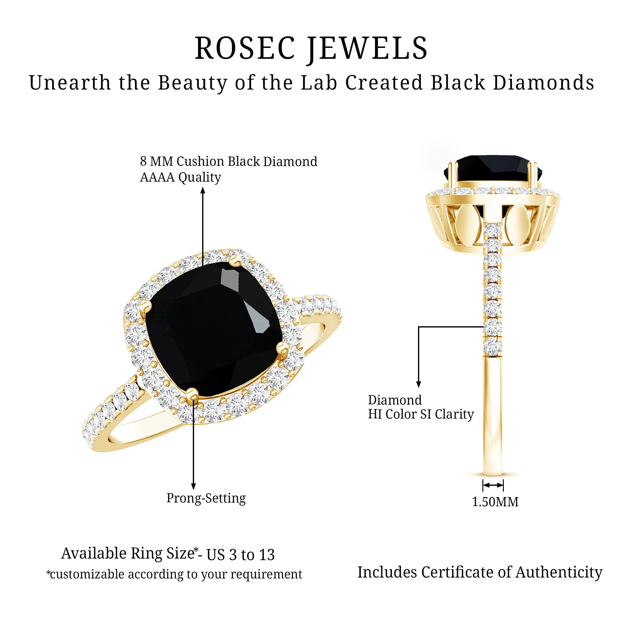 2.8 Carat Lab Grown Black Diamond Cushion Cut Engagement Ring with White Diamond Halo AAAA ( Synthetic ) - Rosec Jewels