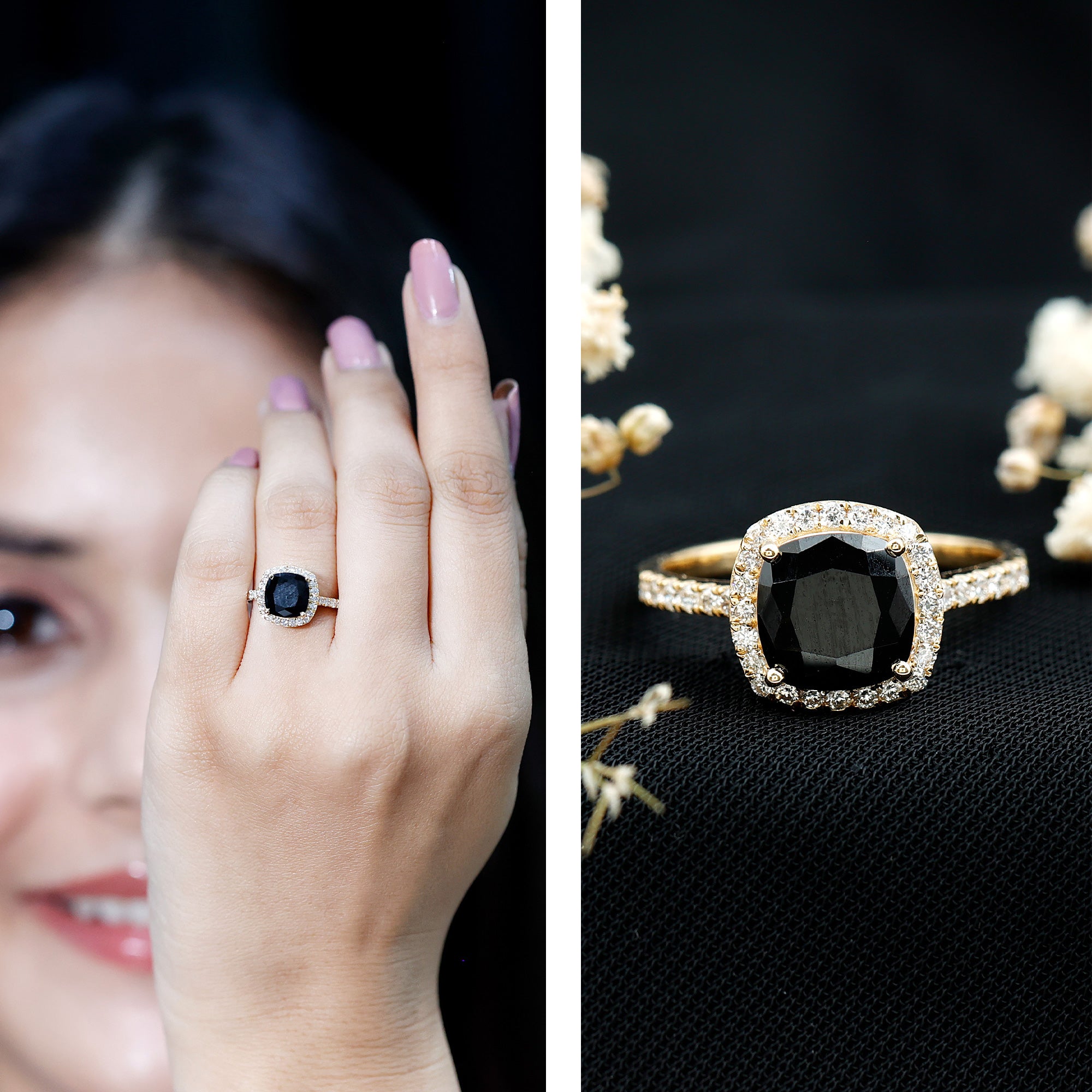 2.8 Carat Lab Grown Black Diamond Cushion Cut Engagement Ring with White Diamond Halo AAAA ( Synthetic ) - Rosec Jewels