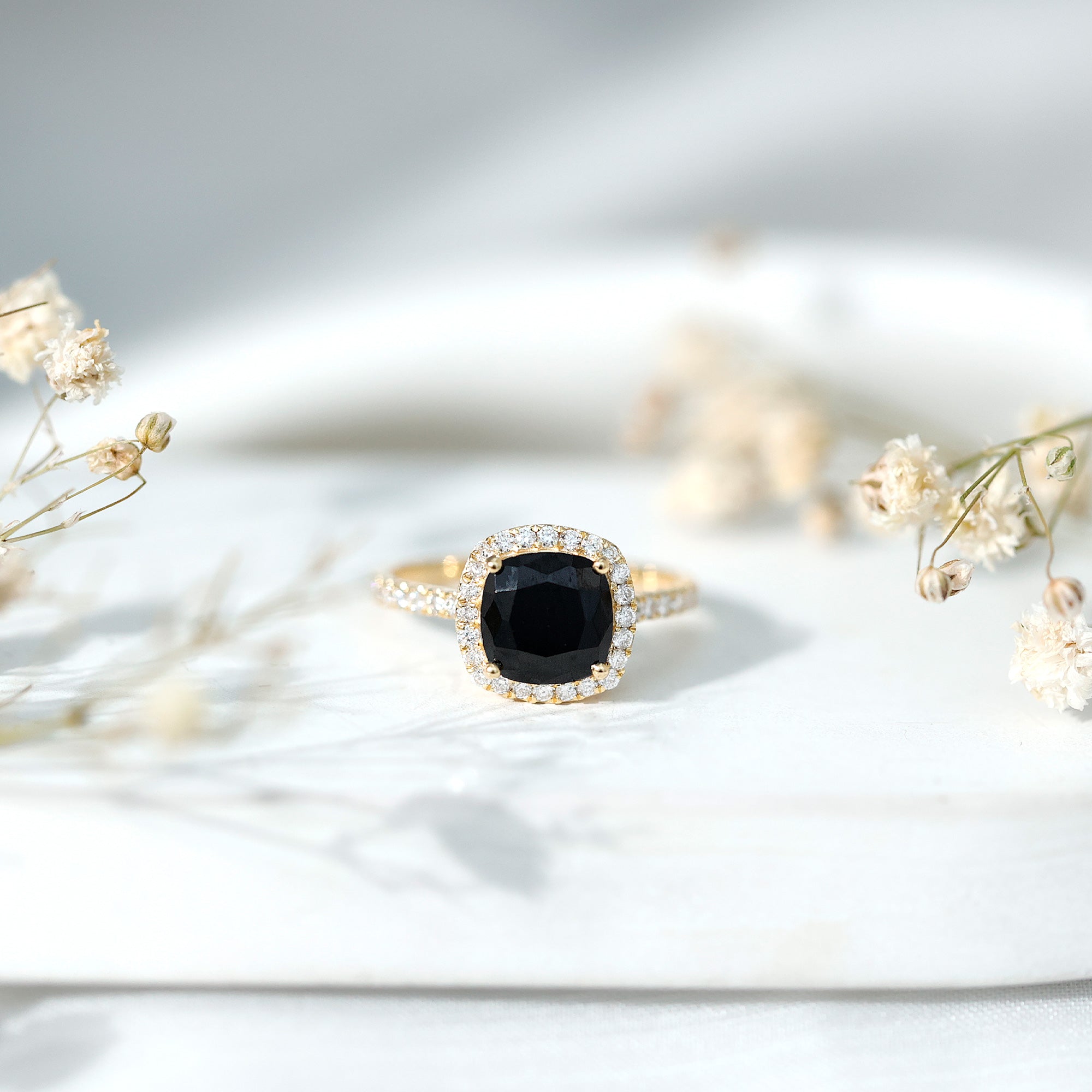 2.8 Carat Lab Grown Black Diamond Cushion Cut Engagement Ring with White Diamond Halo AAAA ( Synthetic ) - Rosec Jewels