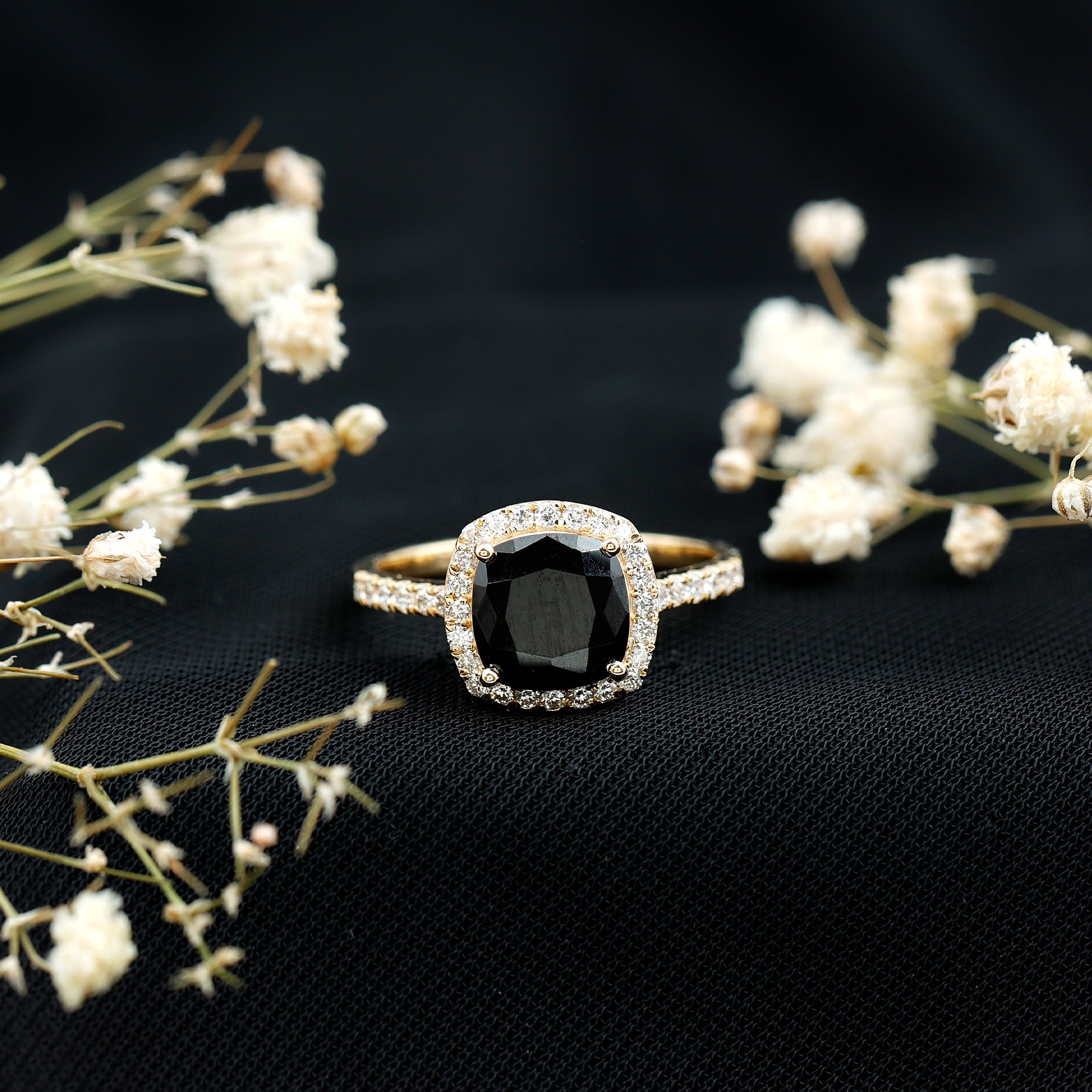 2.8 Carat Lab Grown Black Diamond Cushion Cut Engagement Ring with White Diamond Halo AAAA ( Synthetic ) - Rosec Jewels