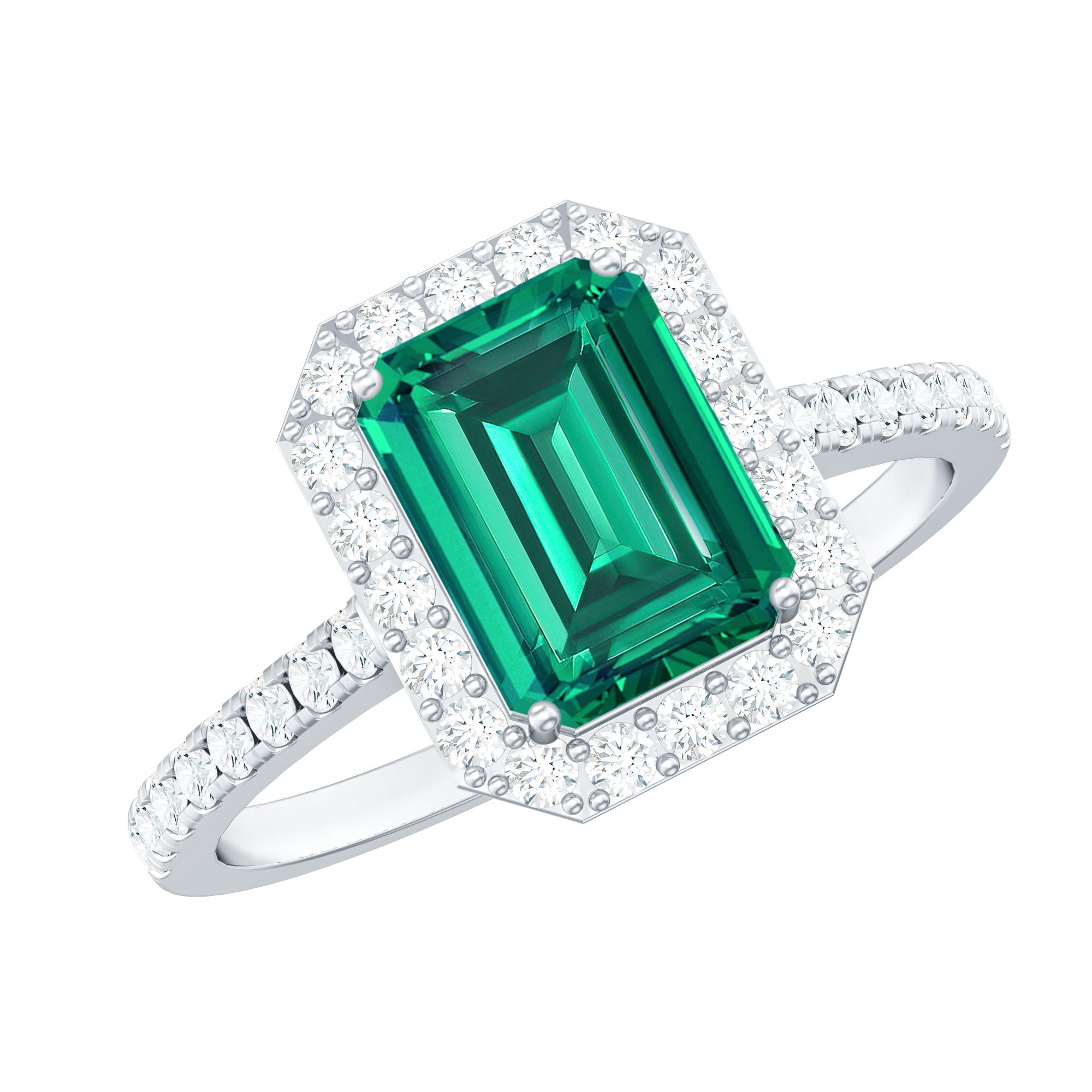 Lab Grown Emerald Halo Engagement Ring With Real Diamond AAAA - Rosec Jewels