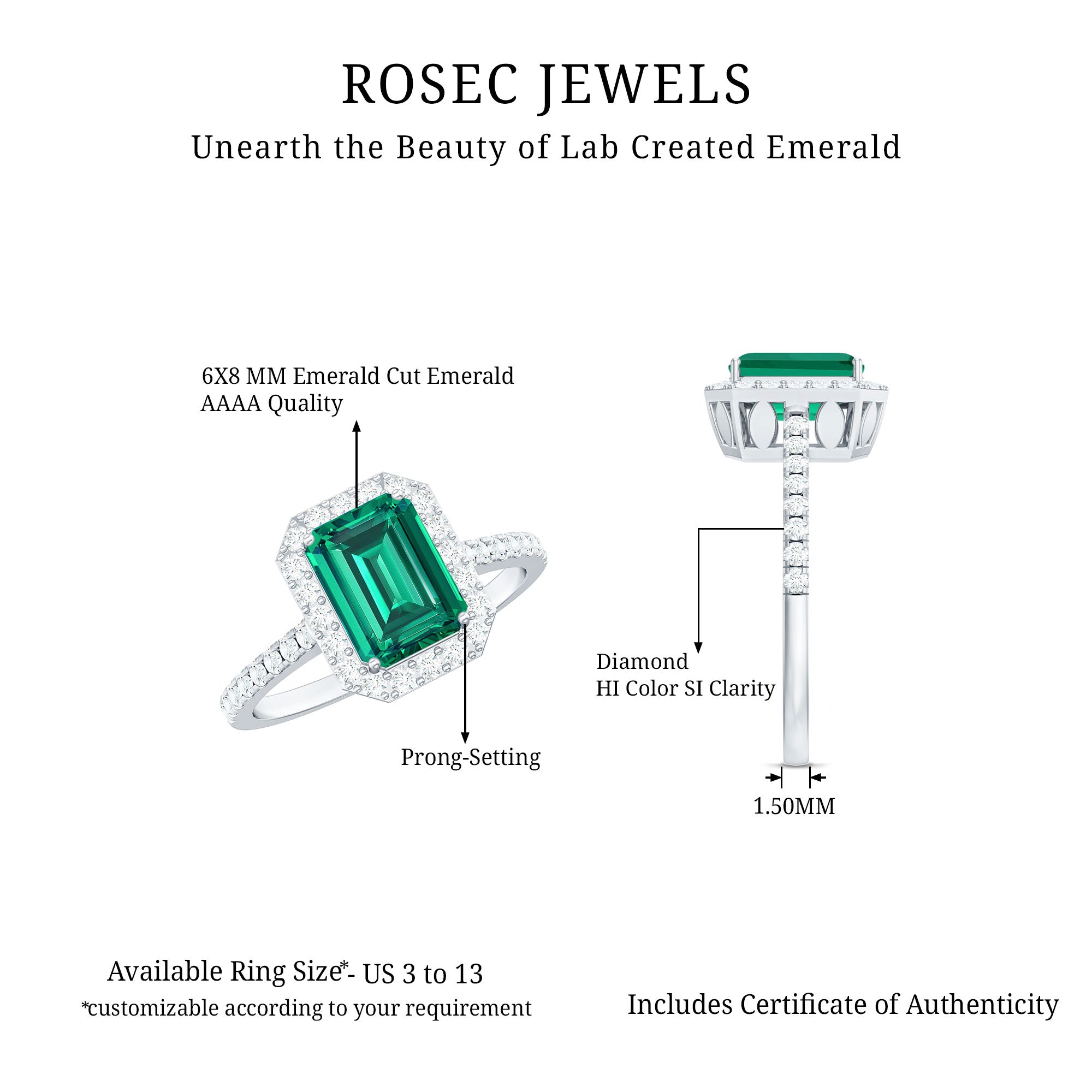 Lab Grown Emerald Halo Engagement Ring With Real Diamond AAAA - Rosec Jewels