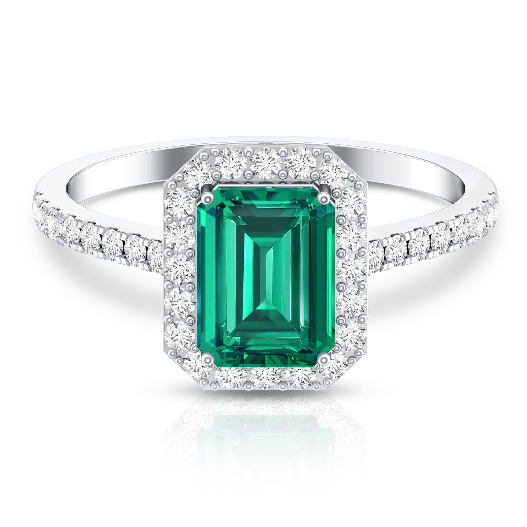 Lab Grown Emerald Halo Engagement Ring With Real Diamond AAAA - Rosec Jewels