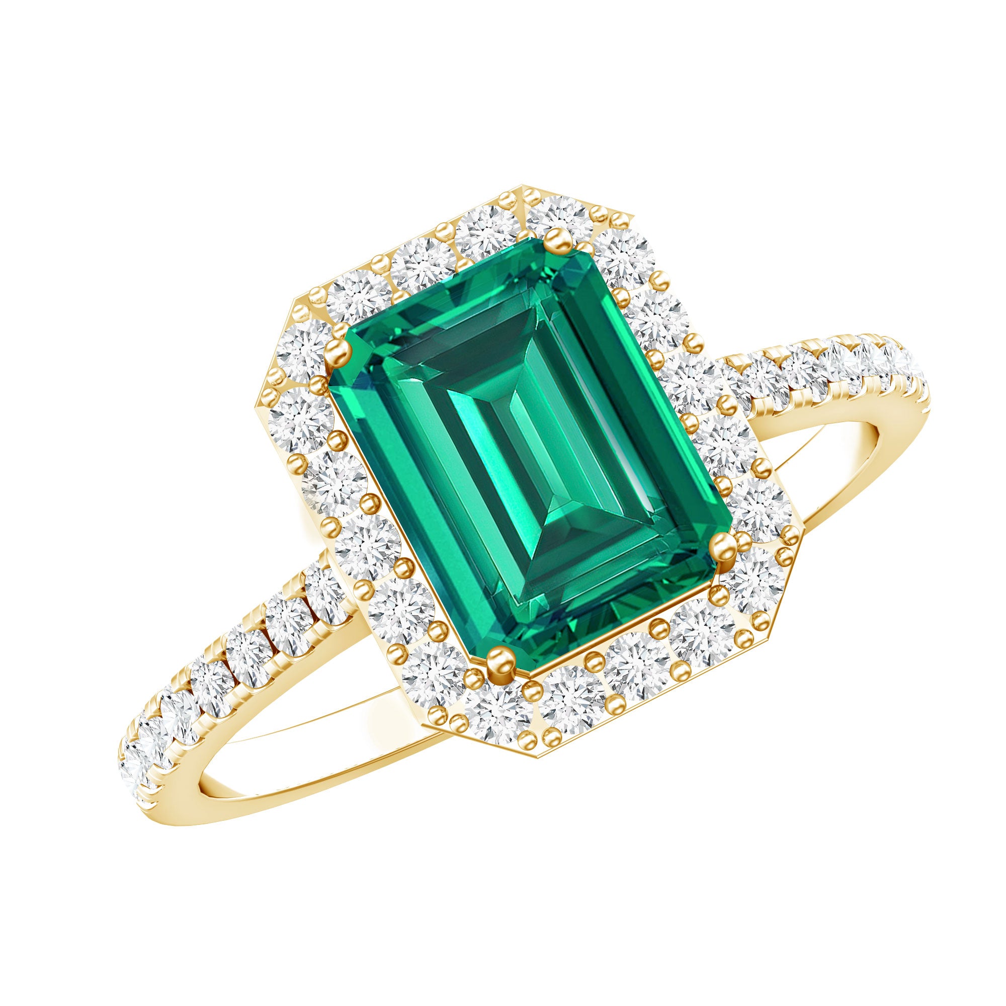 Lab Grown Emerald Halo Engagement Ring With Real Diamond AAAA - Rosec Jewels