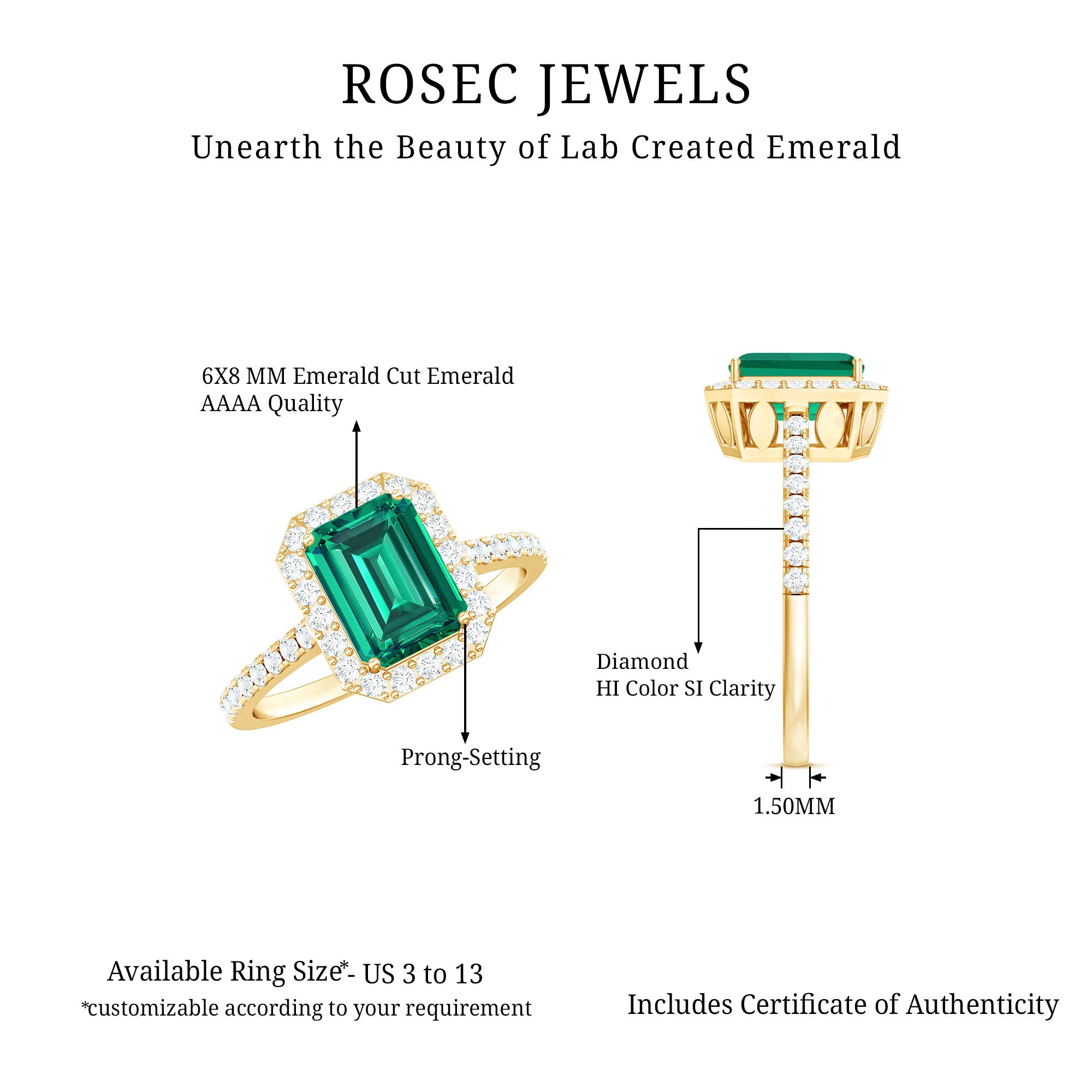 Lab Grown Emerald Halo Engagement Ring With Real Diamond AAAA - Rosec Jewels