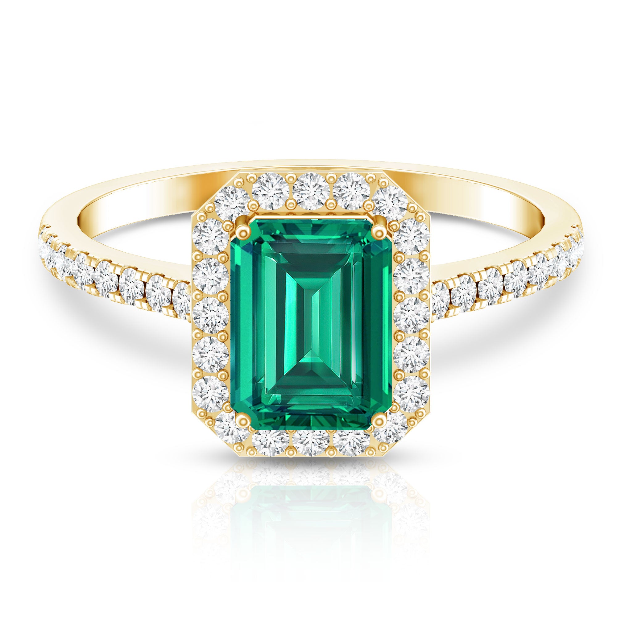 Lab Grown Emerald Halo Engagement Ring With Real Diamond AAAA - Rosec Jewels