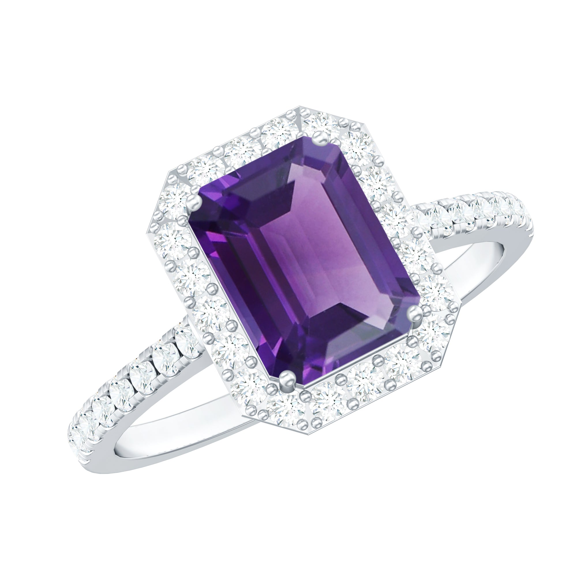 2.25 CT Octagon Cut Amethyst Solitaire Ring with Diamond Side Stones