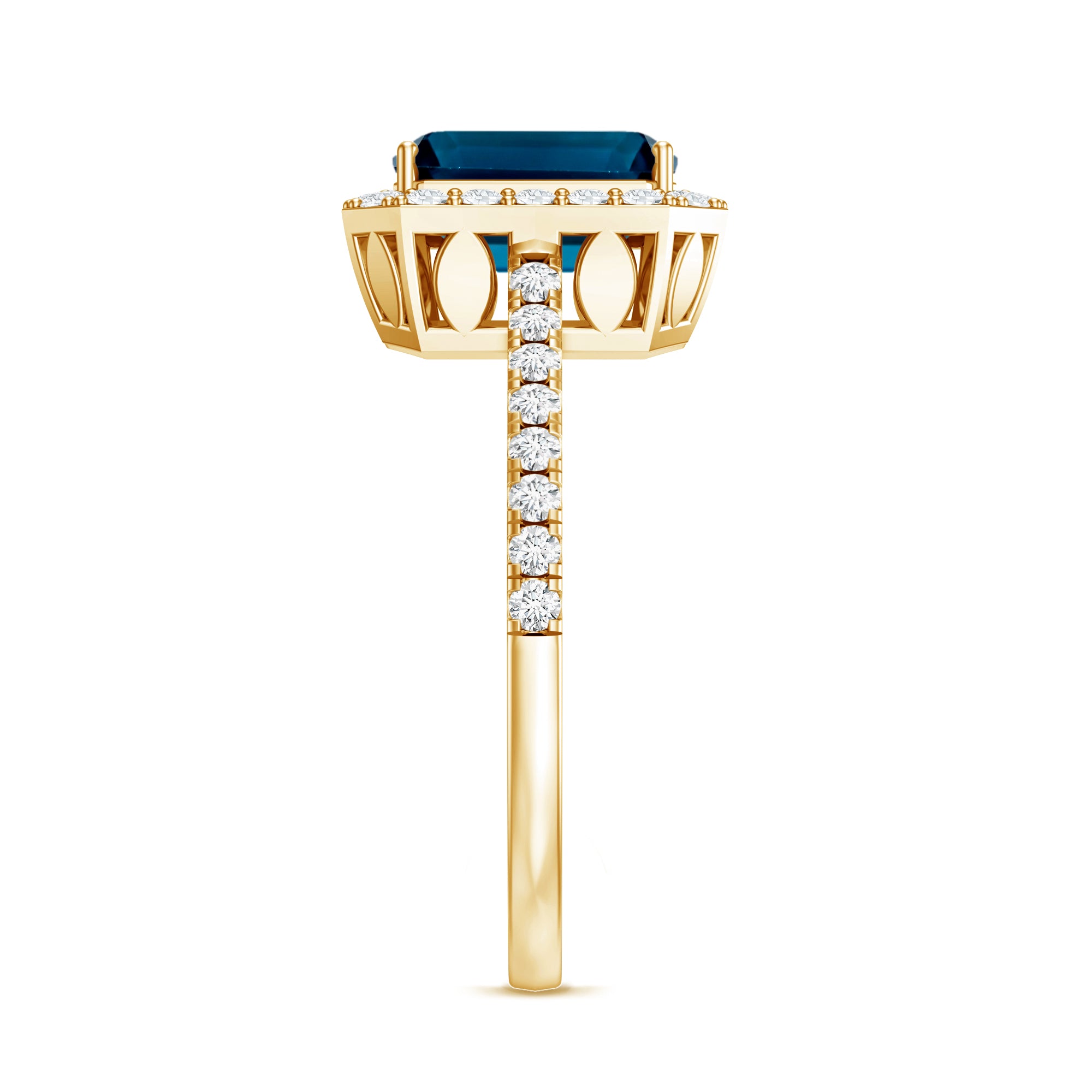2.2 Carat Emerald Cut London Blue Topaz Engagement Ring with Diamond Halo AAA - Rosec Jewels