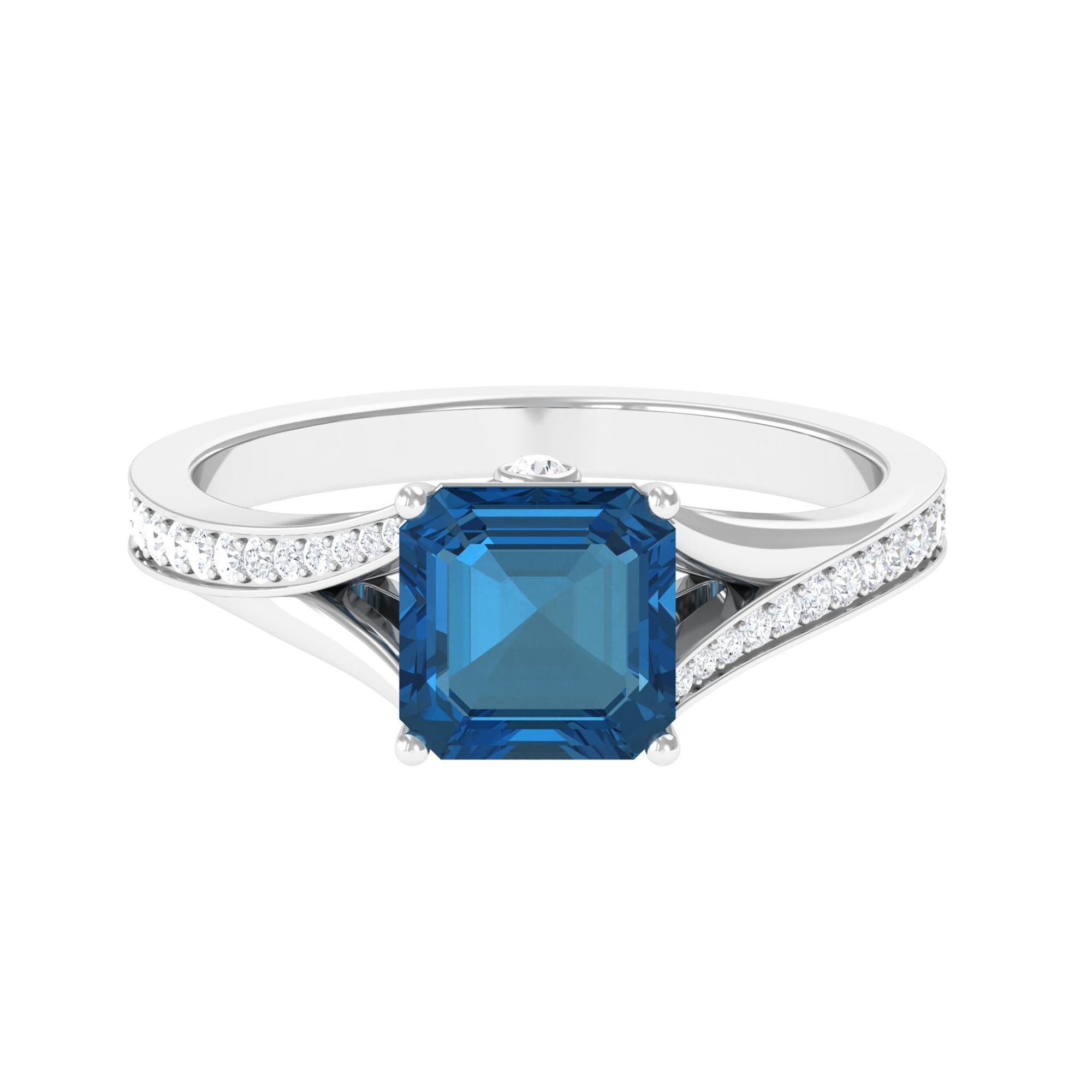 8mm Asscher Cut London Blue Topaz Split Shank Engagement Ring with Diamond AAA - Rosec Jewels