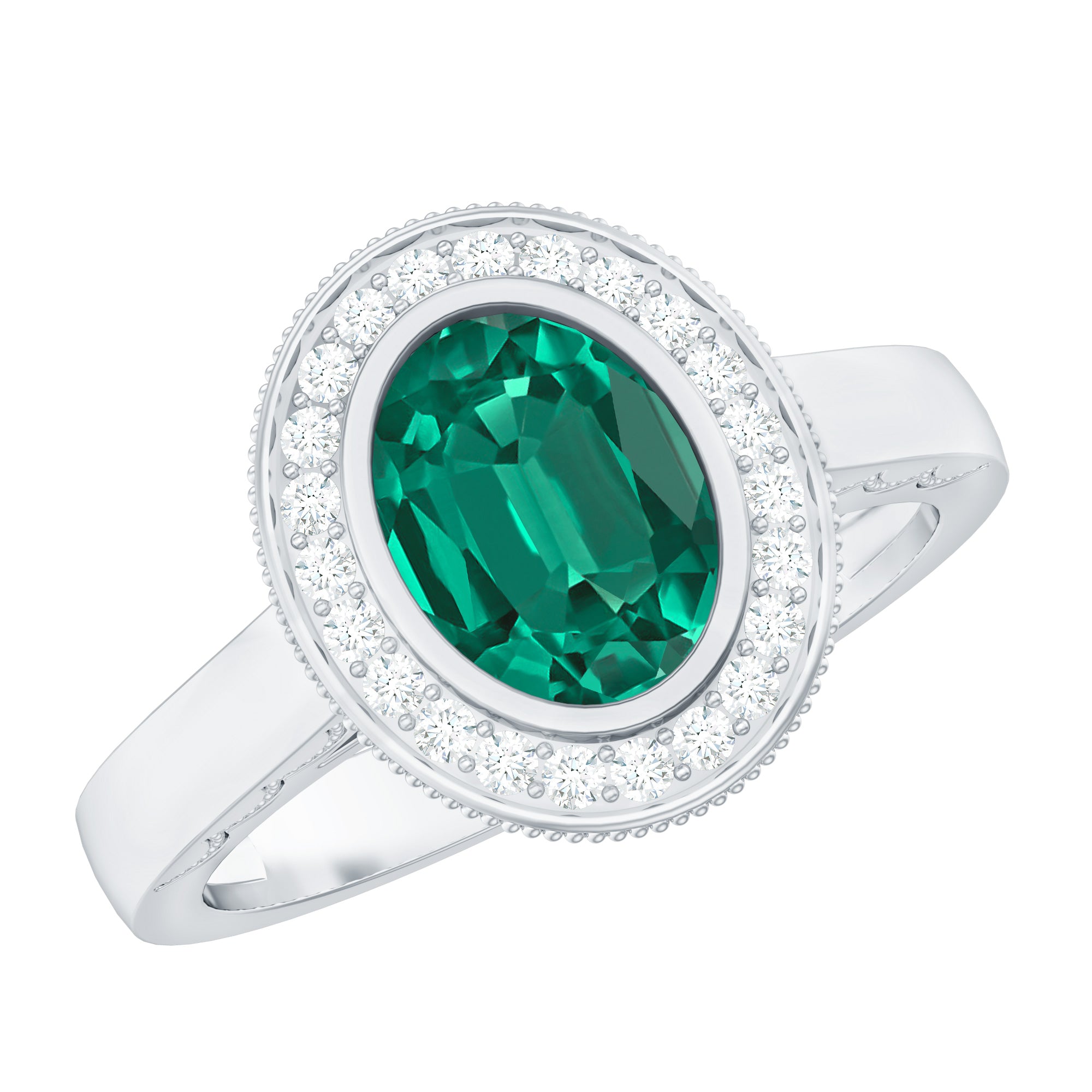 6X8 mm Oval Lab Grown Emerald Bezel Set Engagement Ring With Diamond Halo