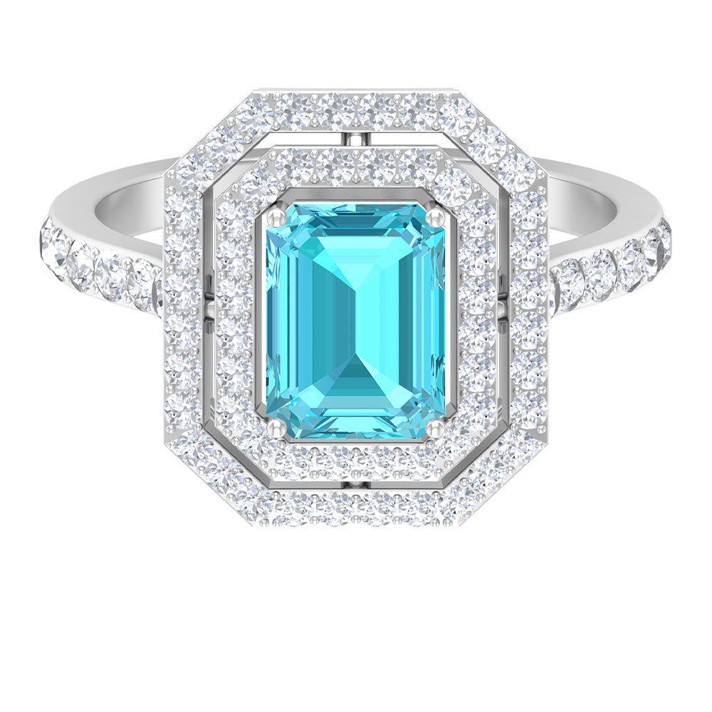 6X8 MM Octagon Cut Swiss Blue Topaz Solitaire with Moissanite Double Halo Ring