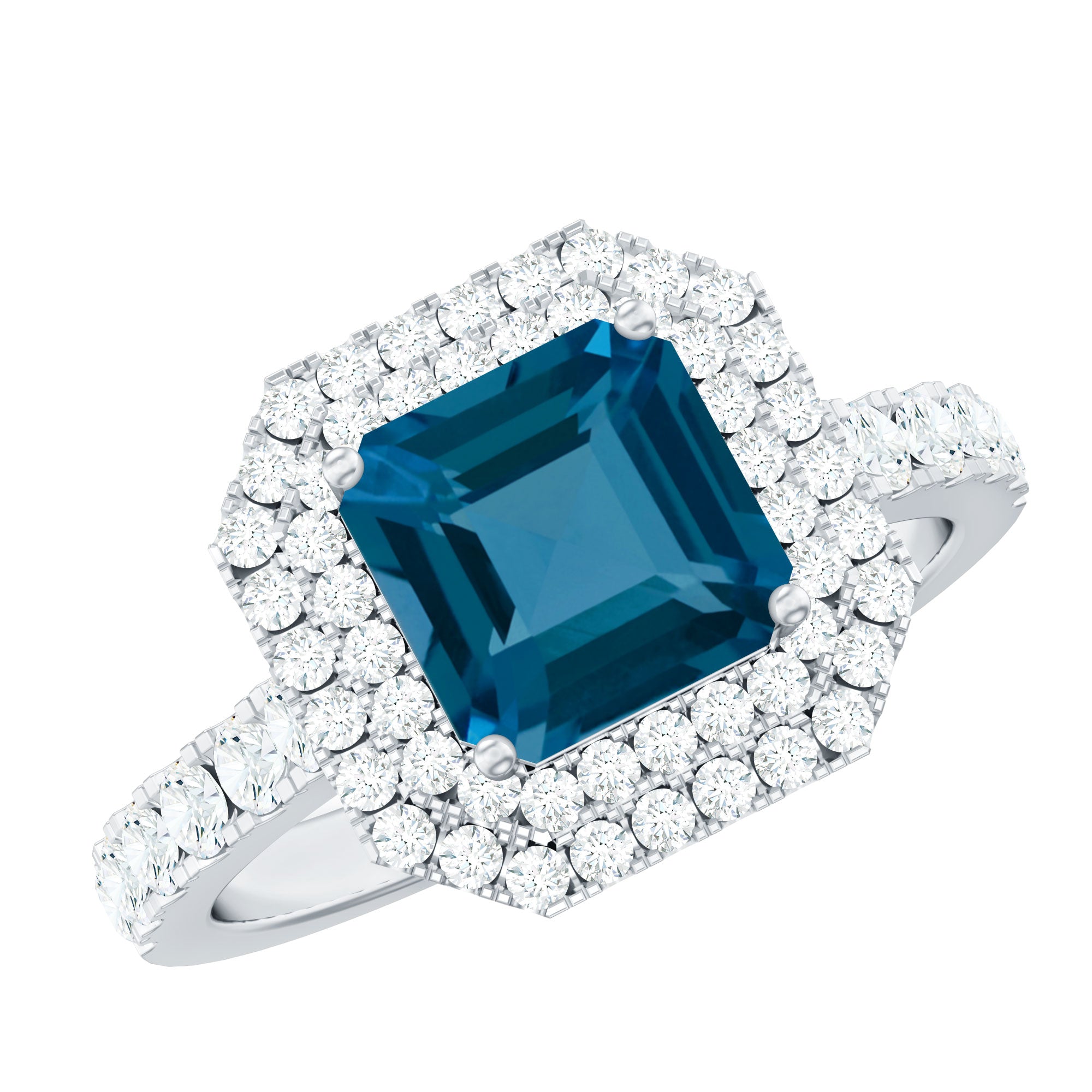 8mm Asscher Cut London Blue Topaz Art Deco Engagement Ring with Double Halo