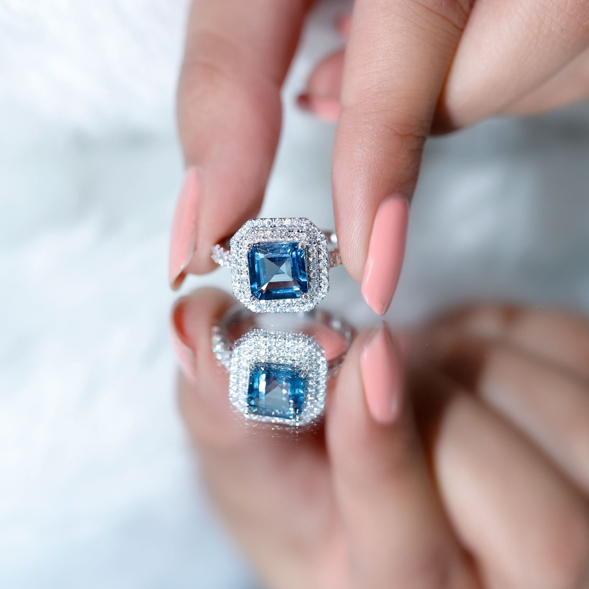 3 Carat Asscher Cut London Blue Topaz Engagement Ring with Double Halo AAA - Rosec Jewels