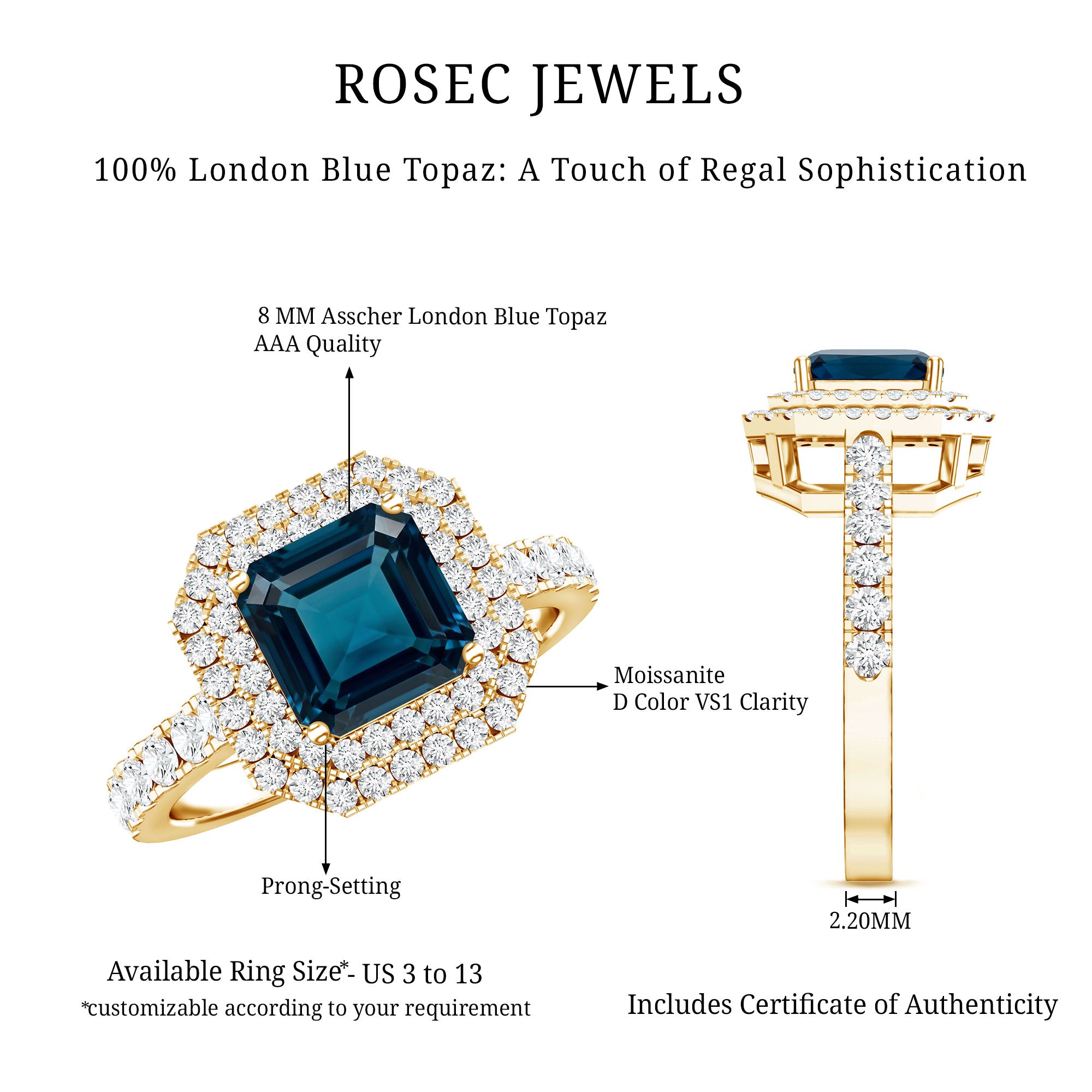 3 Carat Asscher Cut London Blue Topaz Engagement Ring with Double Halo AAA - Rosec Jewels