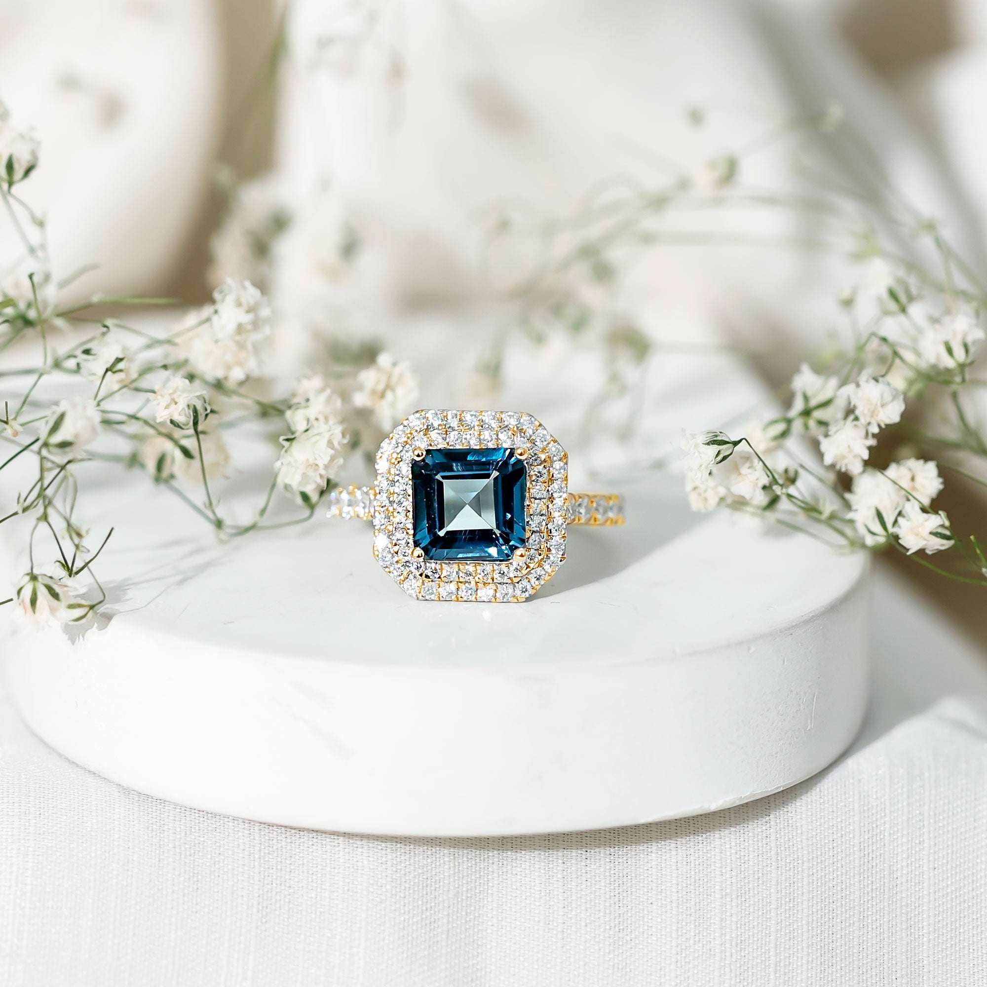 3 Carat Asscher Cut London Blue Topaz Engagement Ring with Double Halo AAA - Rosec Jewels