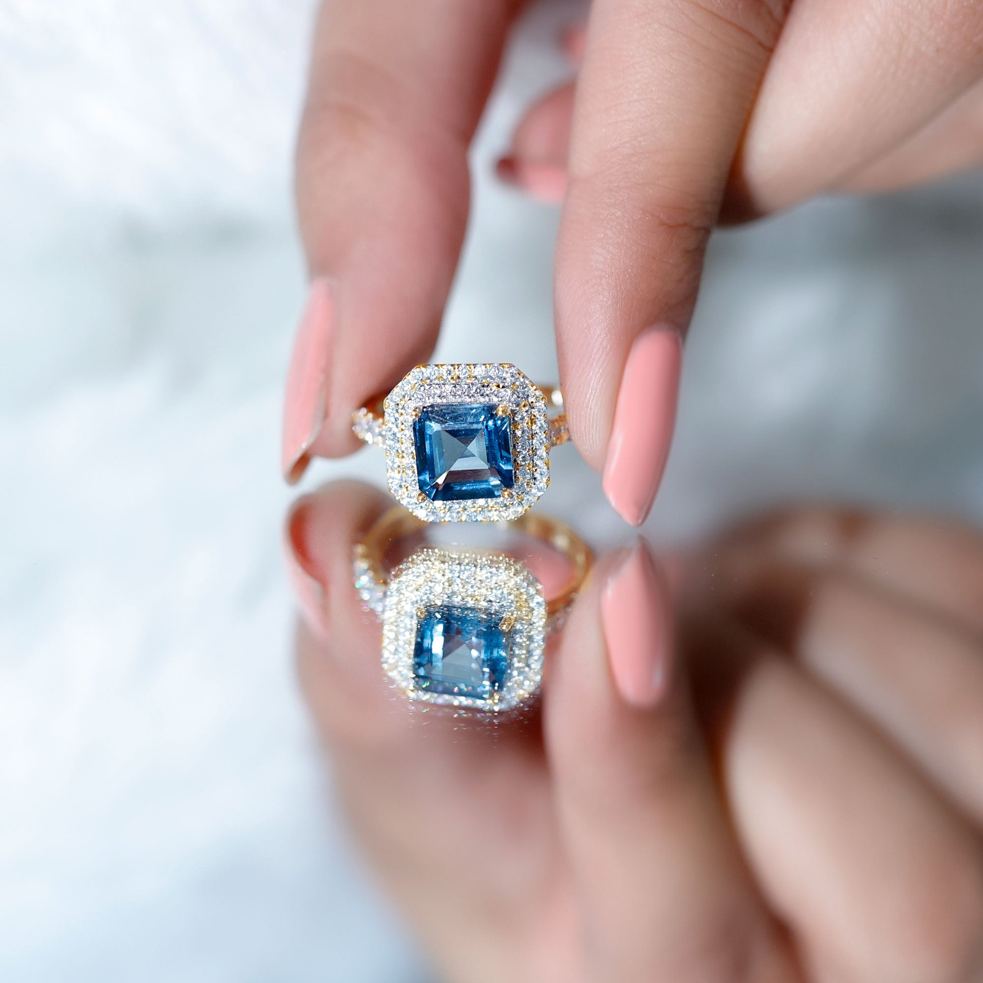 3 Carat Asscher Cut London Blue Topaz Engagement Ring with Double Halo AAA - Rosec Jewels