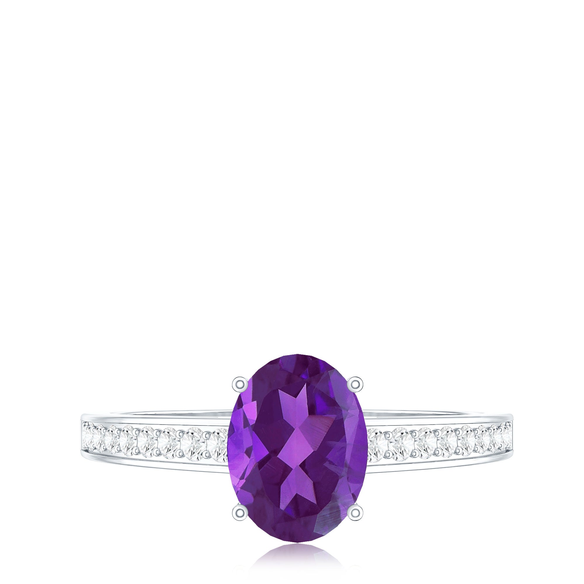 Real 1 Carat Oval Amethyst Solitaire Engagement Ring with Diamond AAA - Rosec Jewels