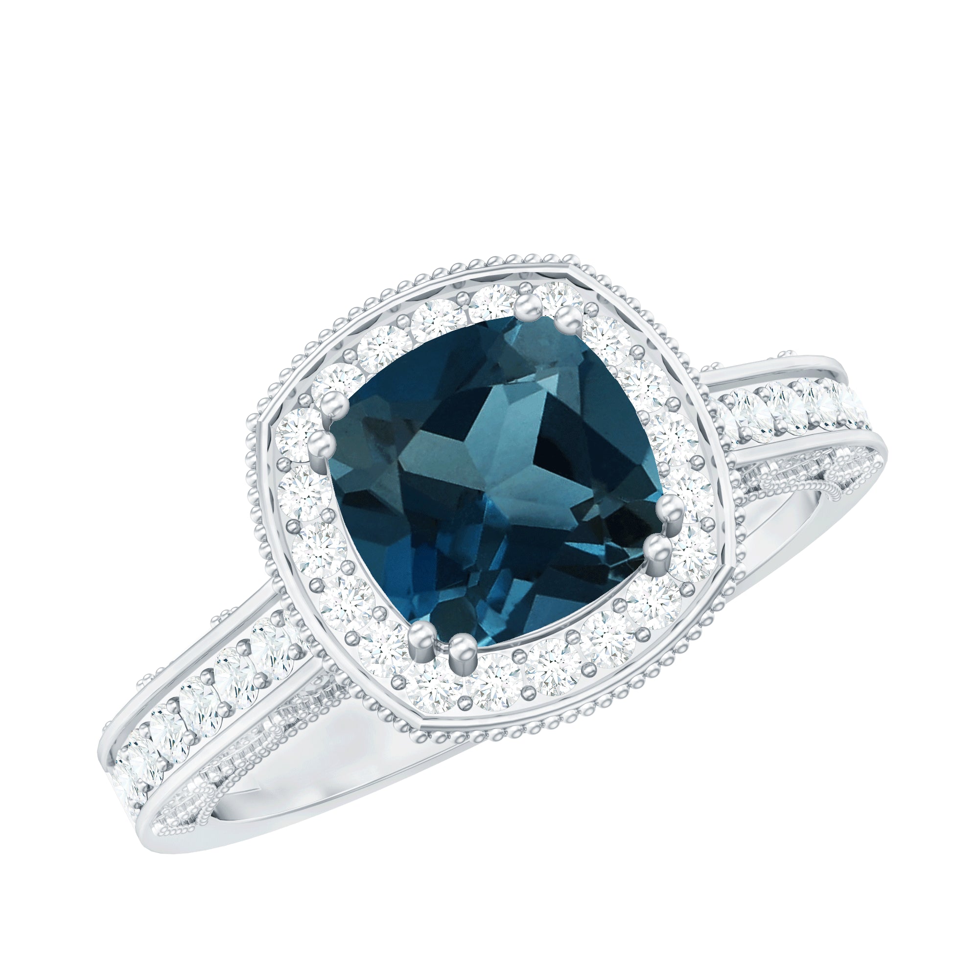 8mm Cushion Cut London Blue Topaz Vintage Inspired Ring with Diamond Halo