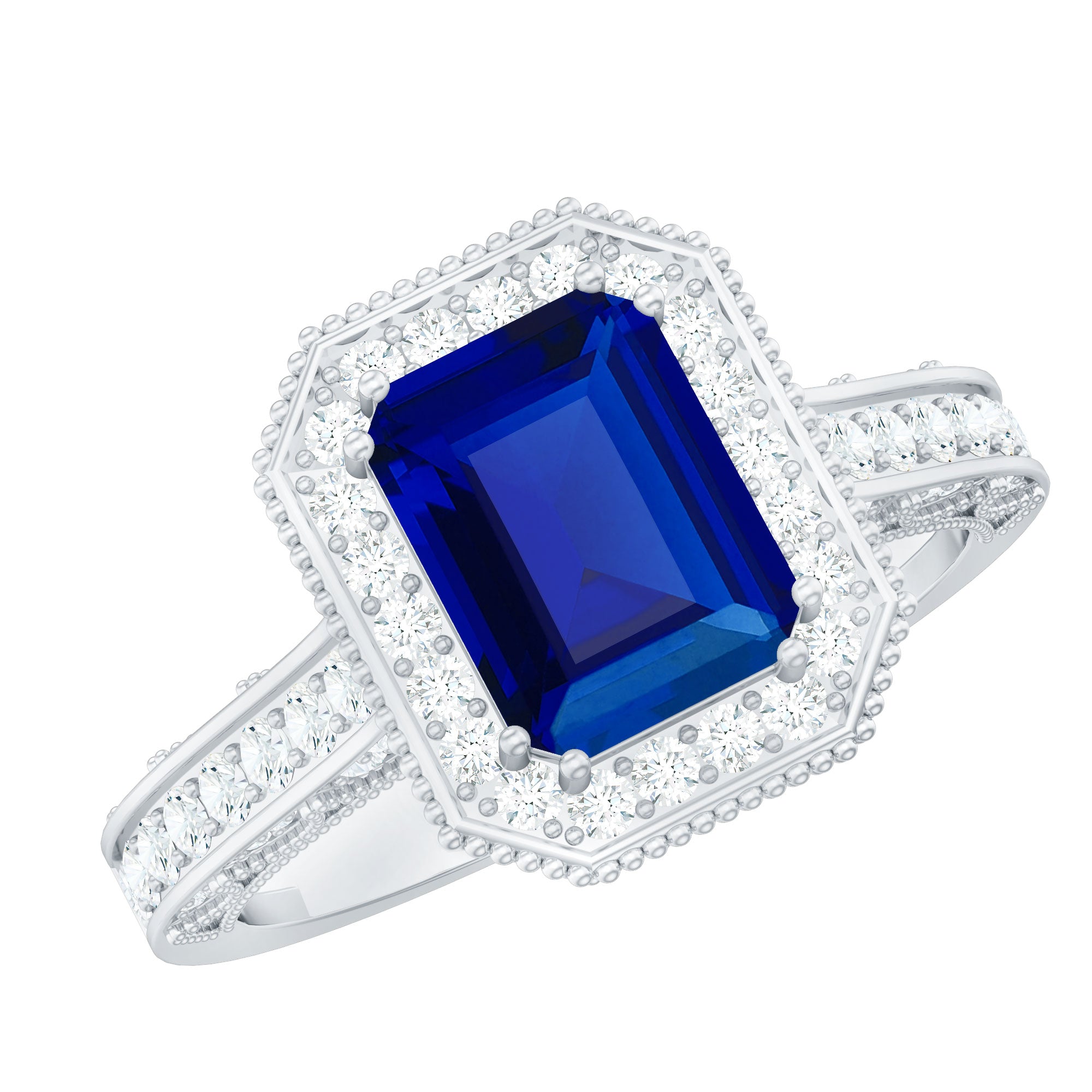 Certified 1.7 Carat Lab Grown Blue Sapphire Emerald Cut Engagement Ring with Diamond Halo